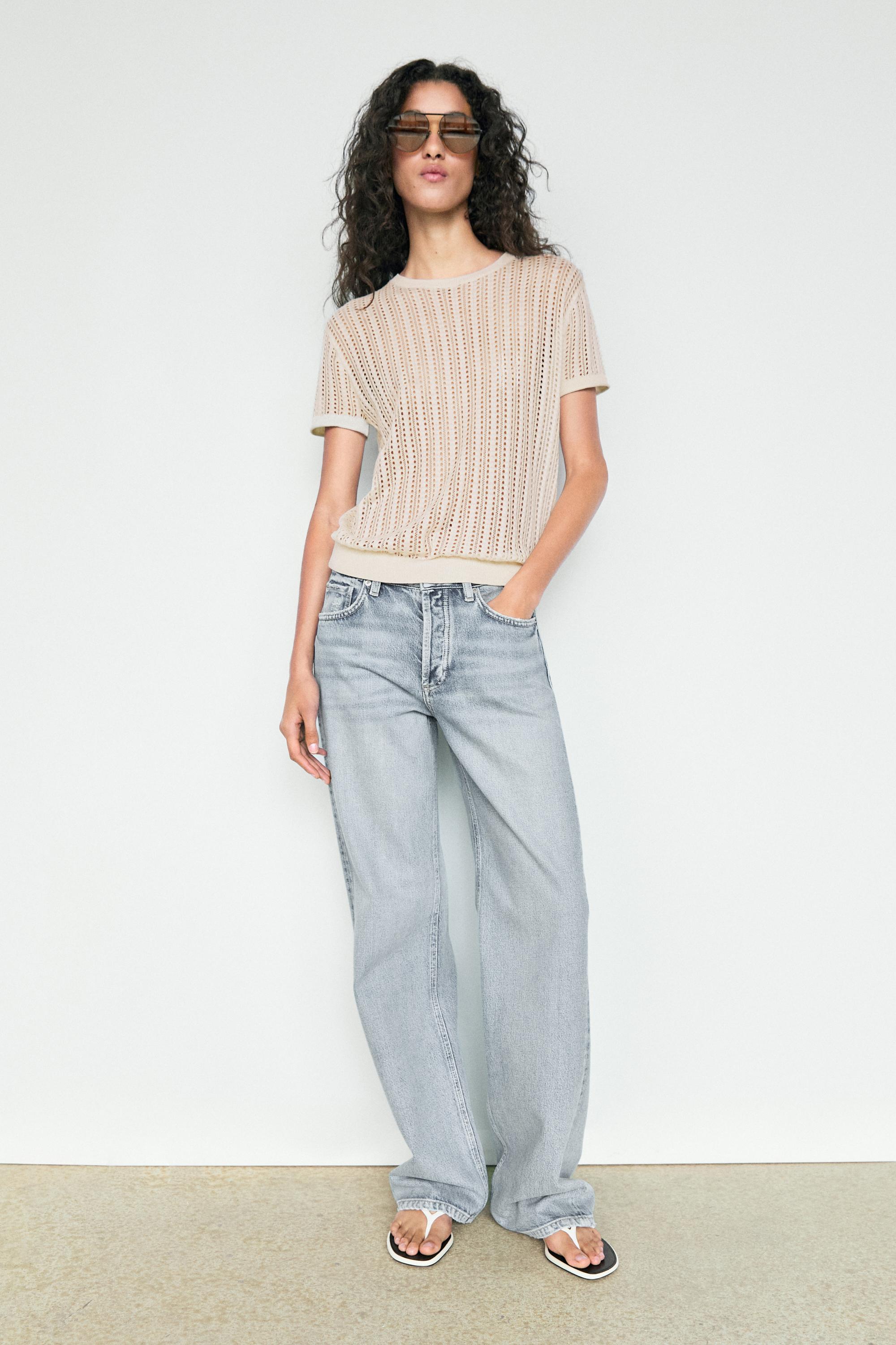 Short sleeve cutwork knit top — CREAM
