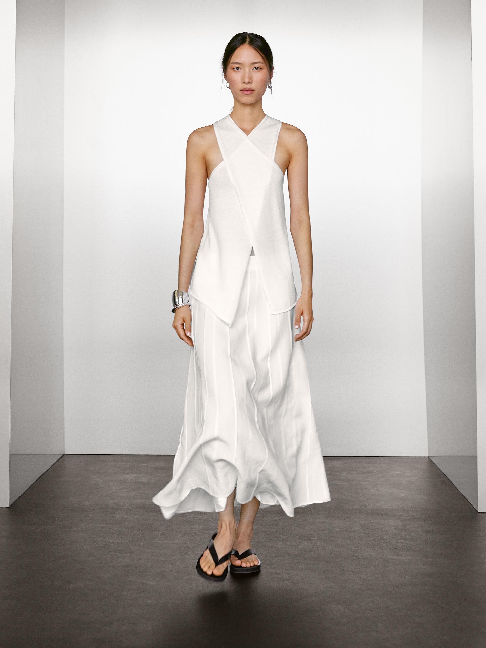 Kopertowy Top Z Bawełnianej Dzianiny Z Dekoltem Halter - Biały - M - Massimo Dutti - Kobieta