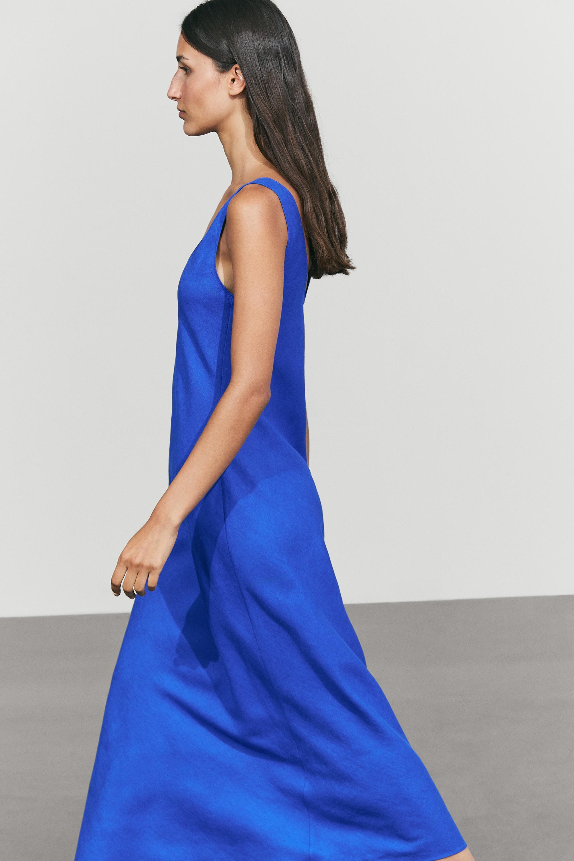 100% linen strap midi dress — Electric blue