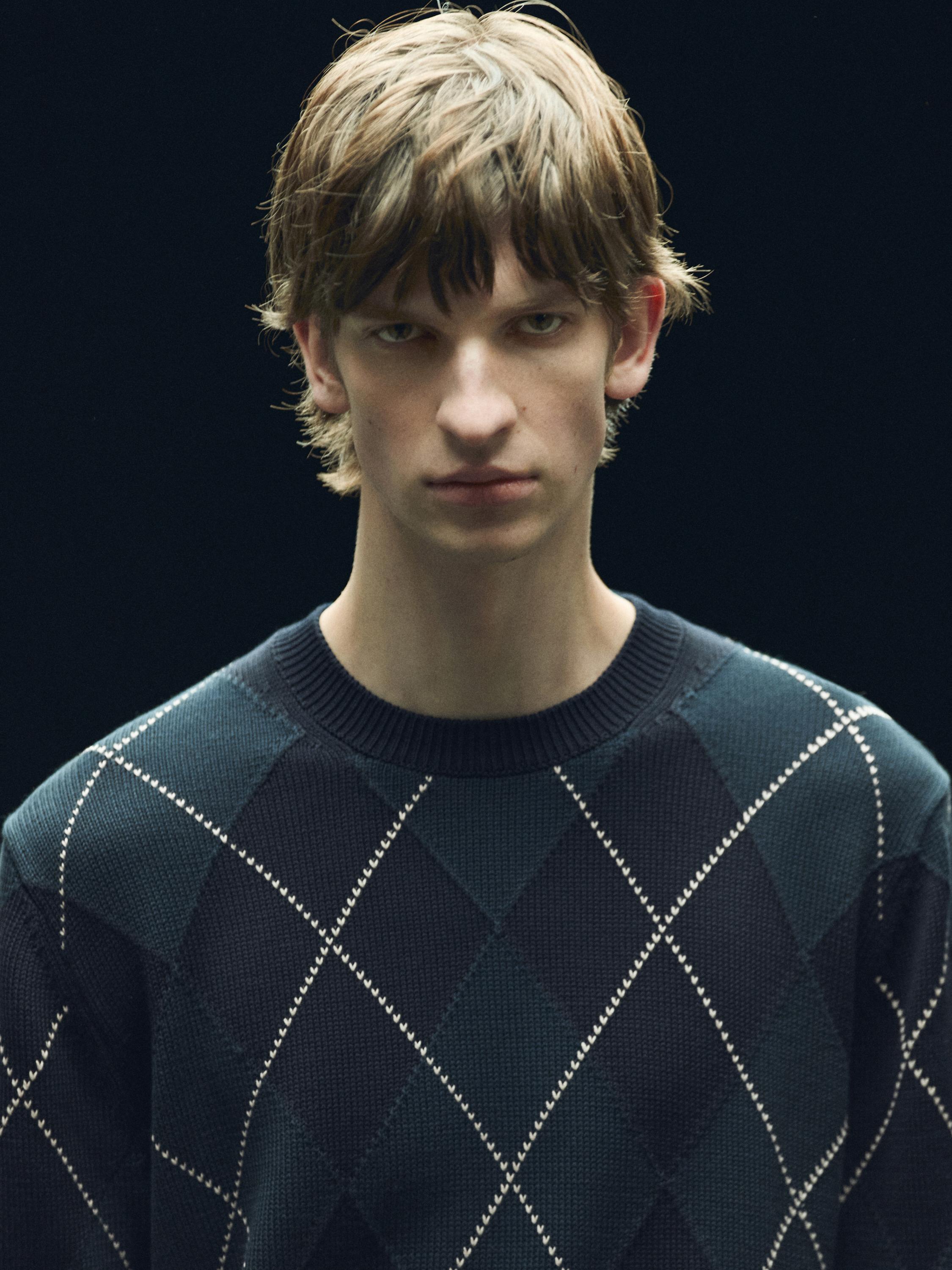 Cotton knit sweater with argyle detail — BLUE