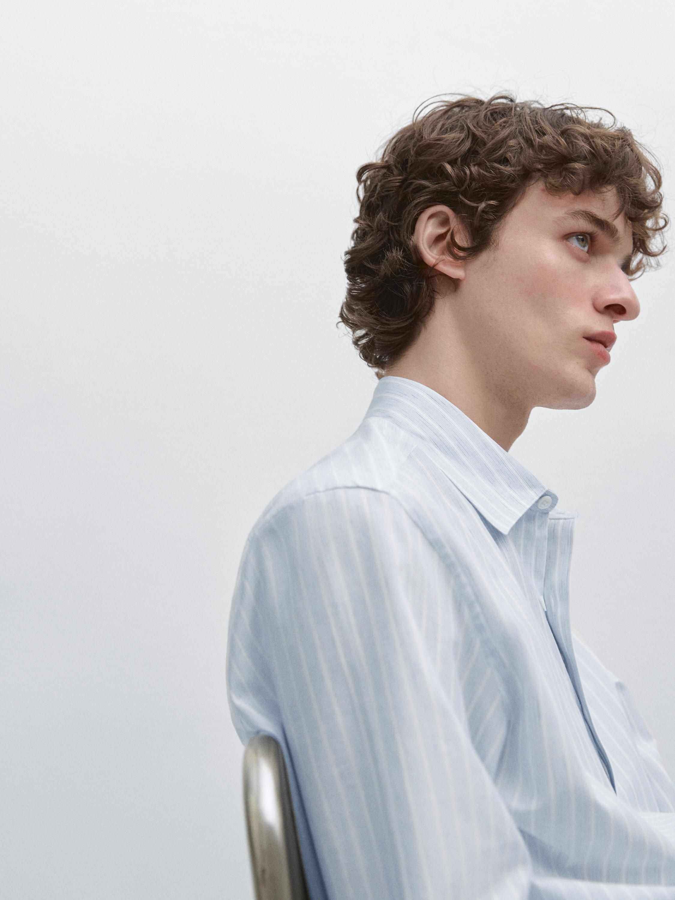 Cotton blend regular fit striped shirt — SKY BLUE