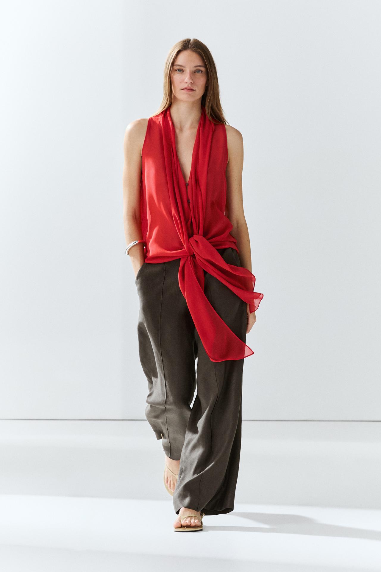 100% silk semi-sheer top with tie — RED