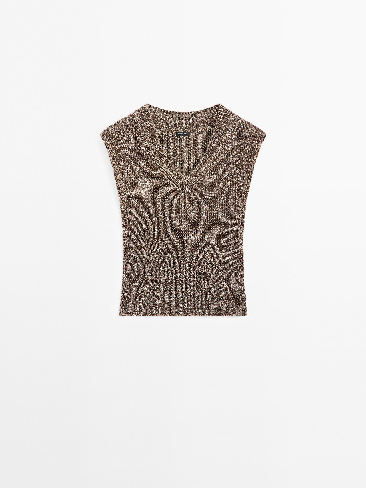 Massimo Dutti - Dame - Top I Moulinébomuld Med V-Udskæring - Brun - Xs