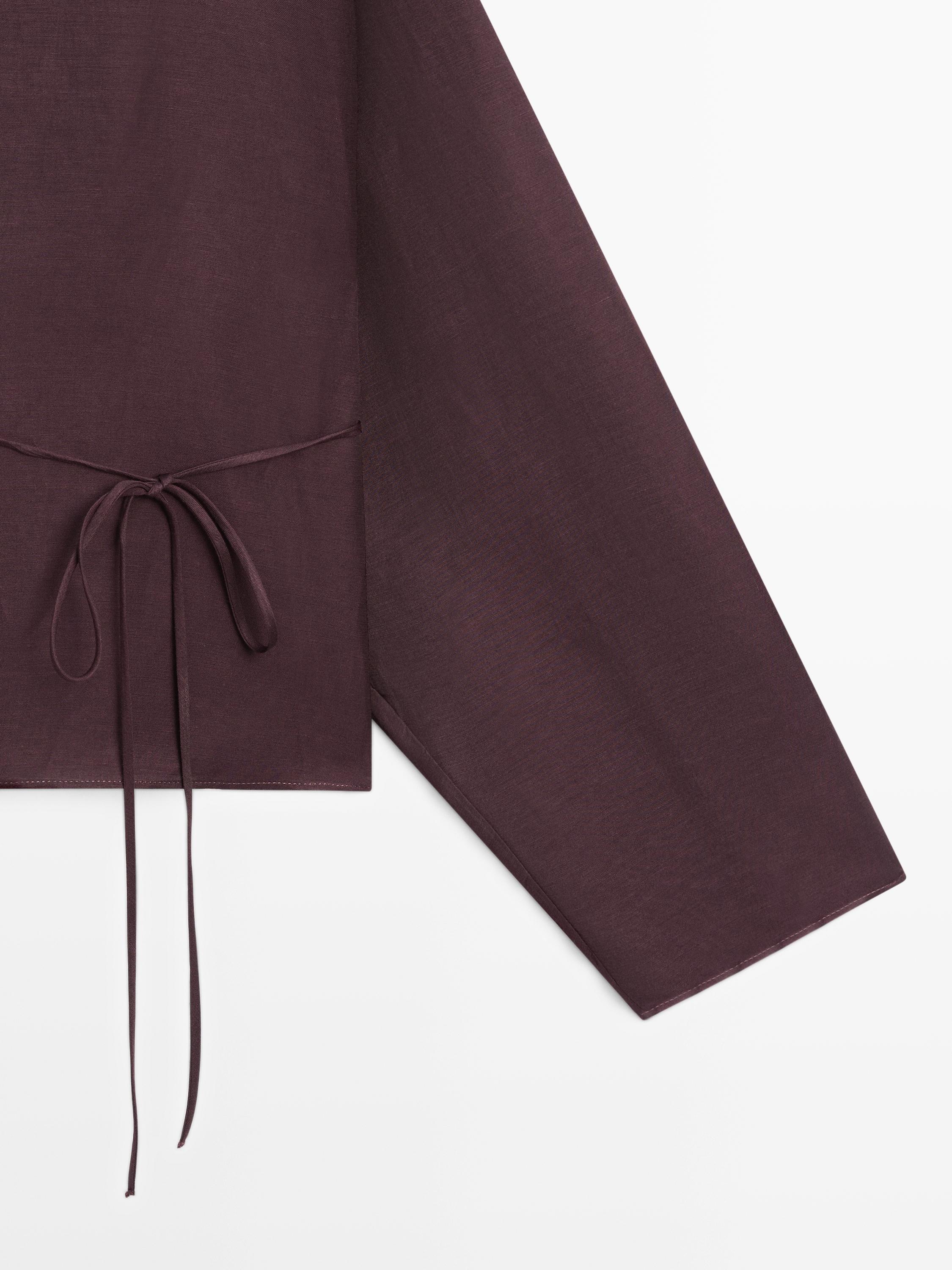 Linen blend shirt with bow detail — AUBERGINE