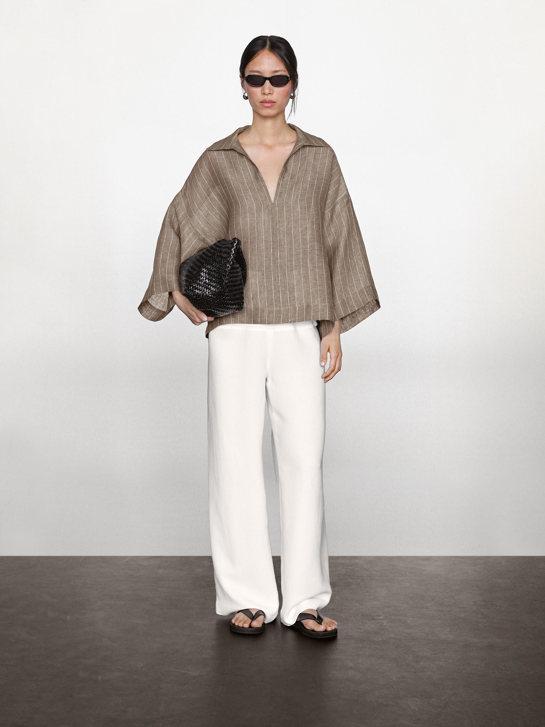 Striped linen open neck blouse