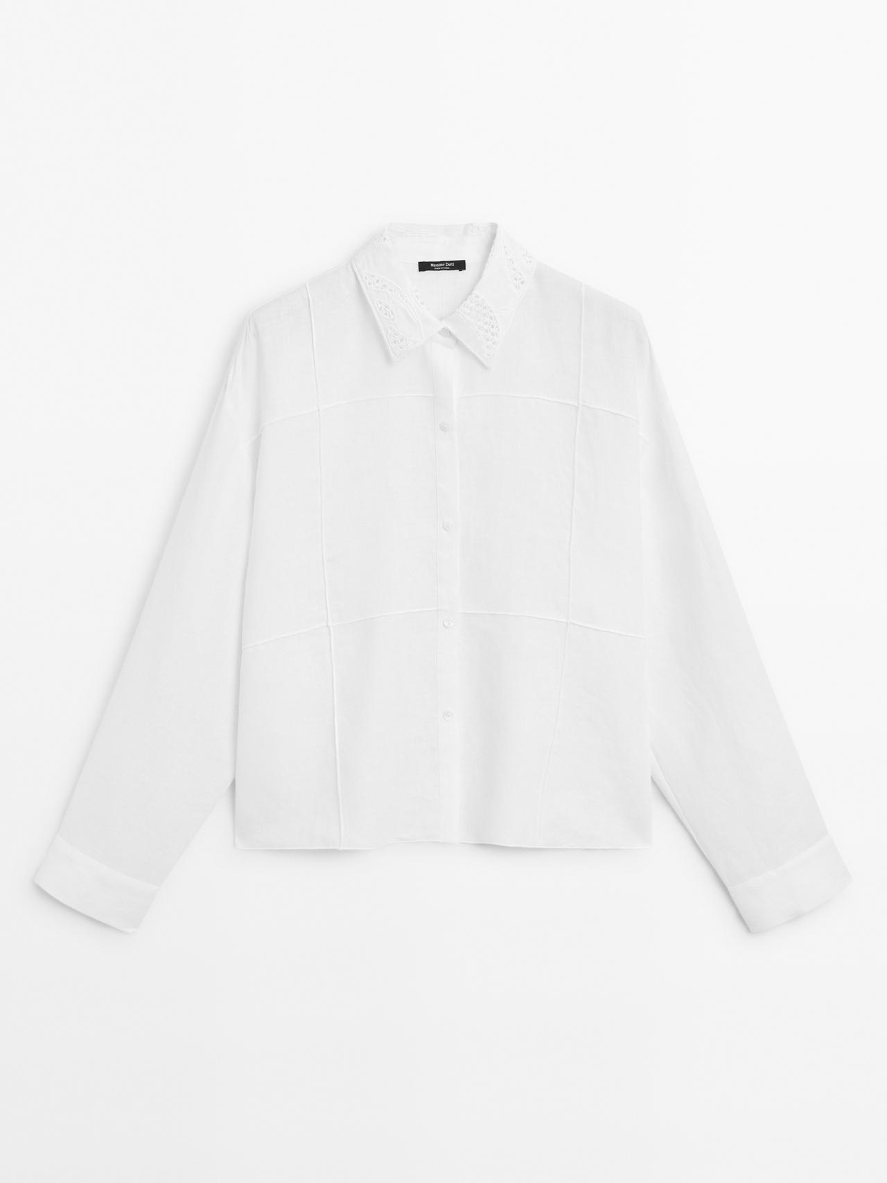 Massimo Dutti - Dame - Skjorte I 100 % Hør Med Broderet Detalje - Hvid - S