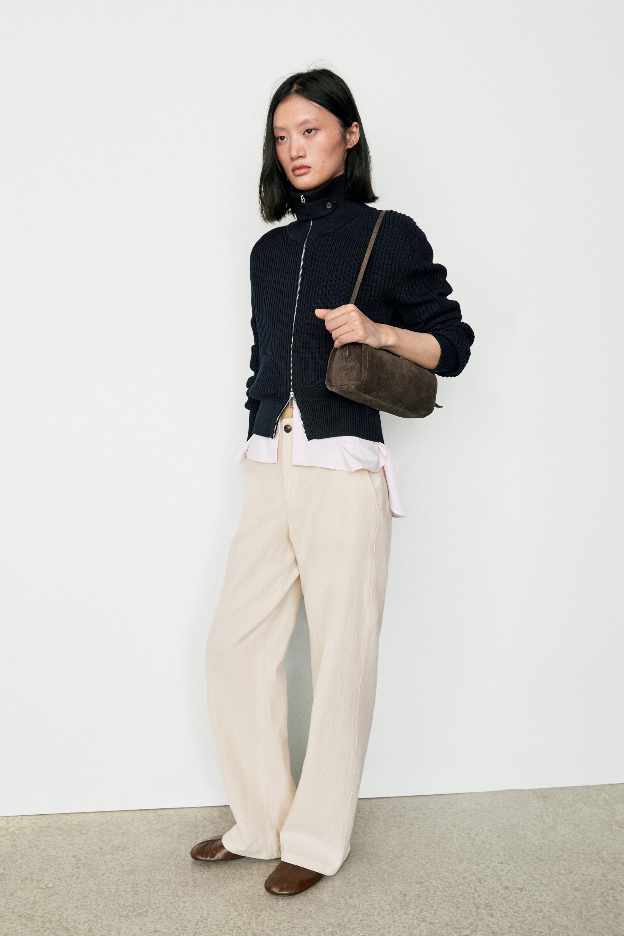 100% cotton knit cardigan with high neck detail — NAVY BLUE