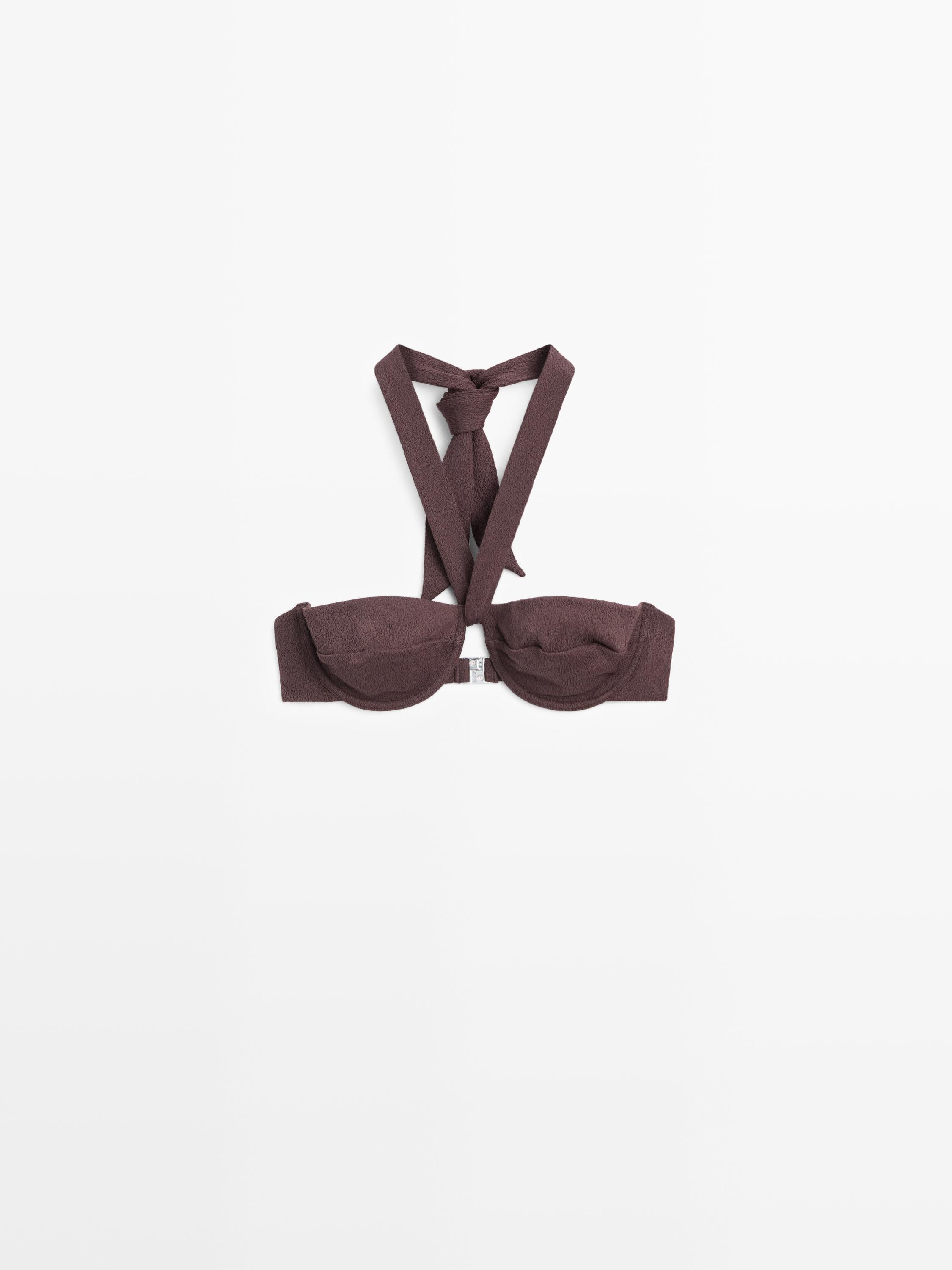 Textured bikini top with underwire and tied neck — BROWN