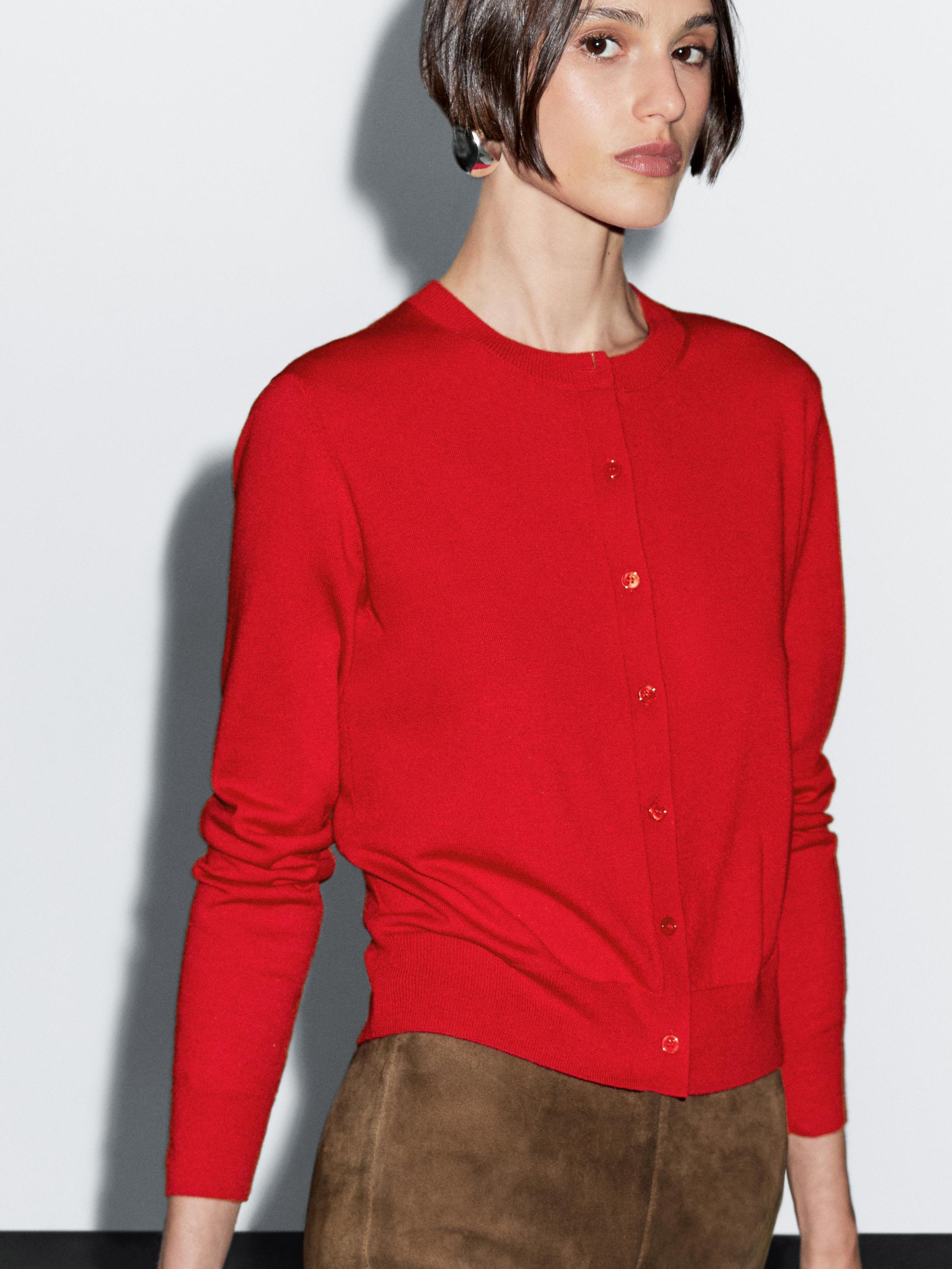 Wool blend knit cardigan with crew neck