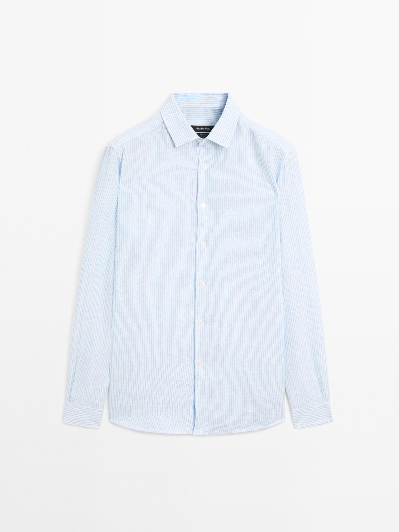 Massimo Dutti - Herre - Stribet, Slim Fit Skjorte I 100 % Hør - Hvid - Xl