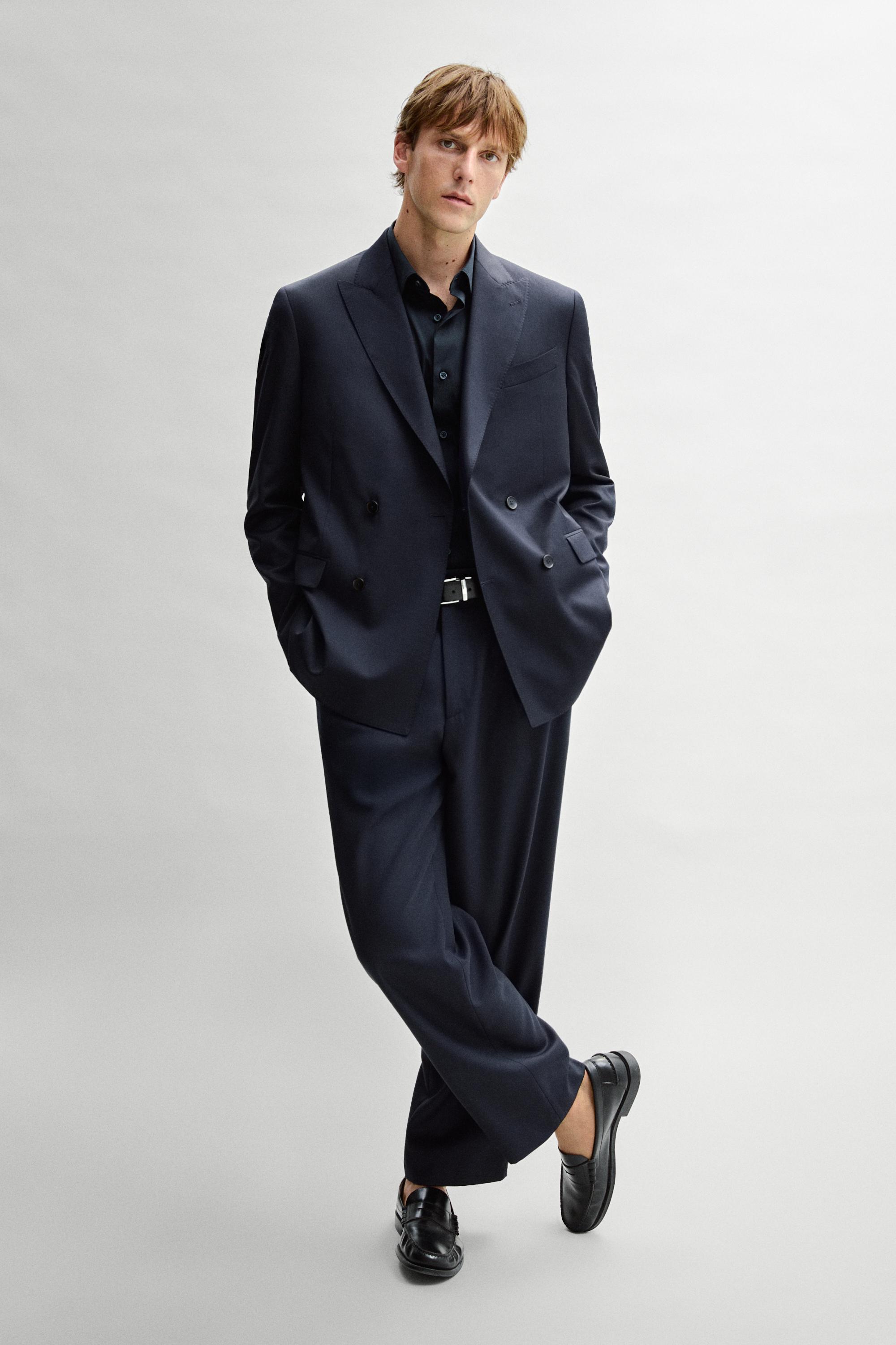 100% cool wool double-breasted suit blazer — NAVY BLUE