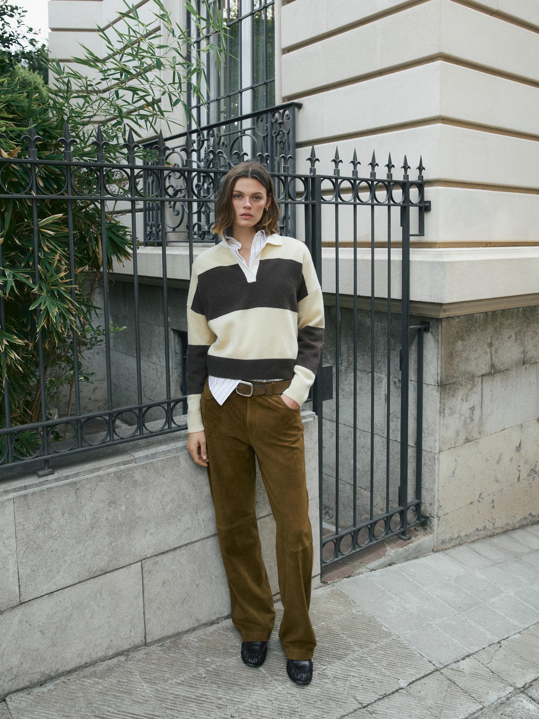 Suede leather straight trousers