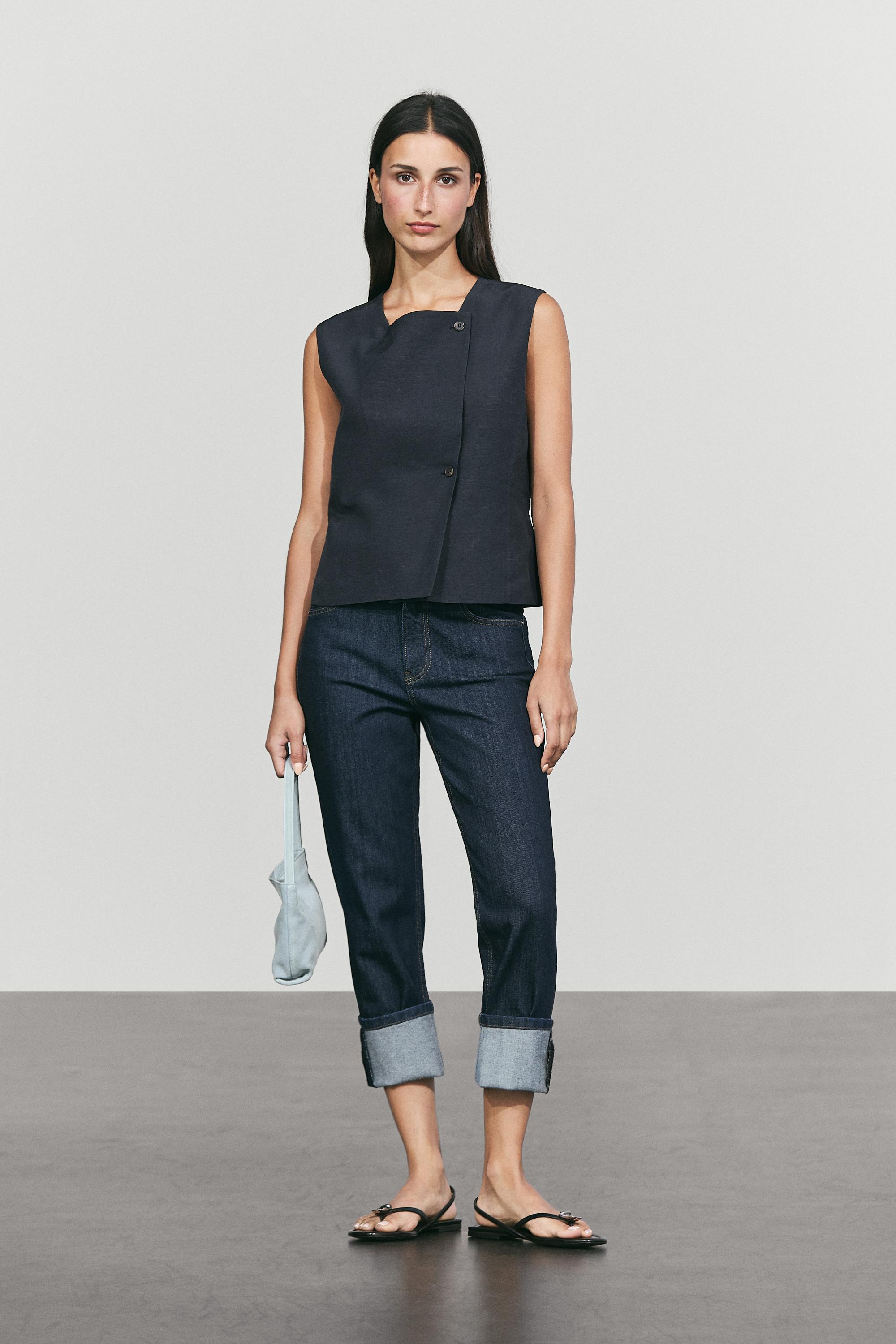 Linen blend asymmetric button-up vest — NAVY BLUE