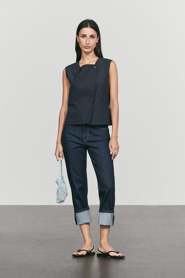 Linen blend asymmetric button-up vest — NAVY BLUE 8