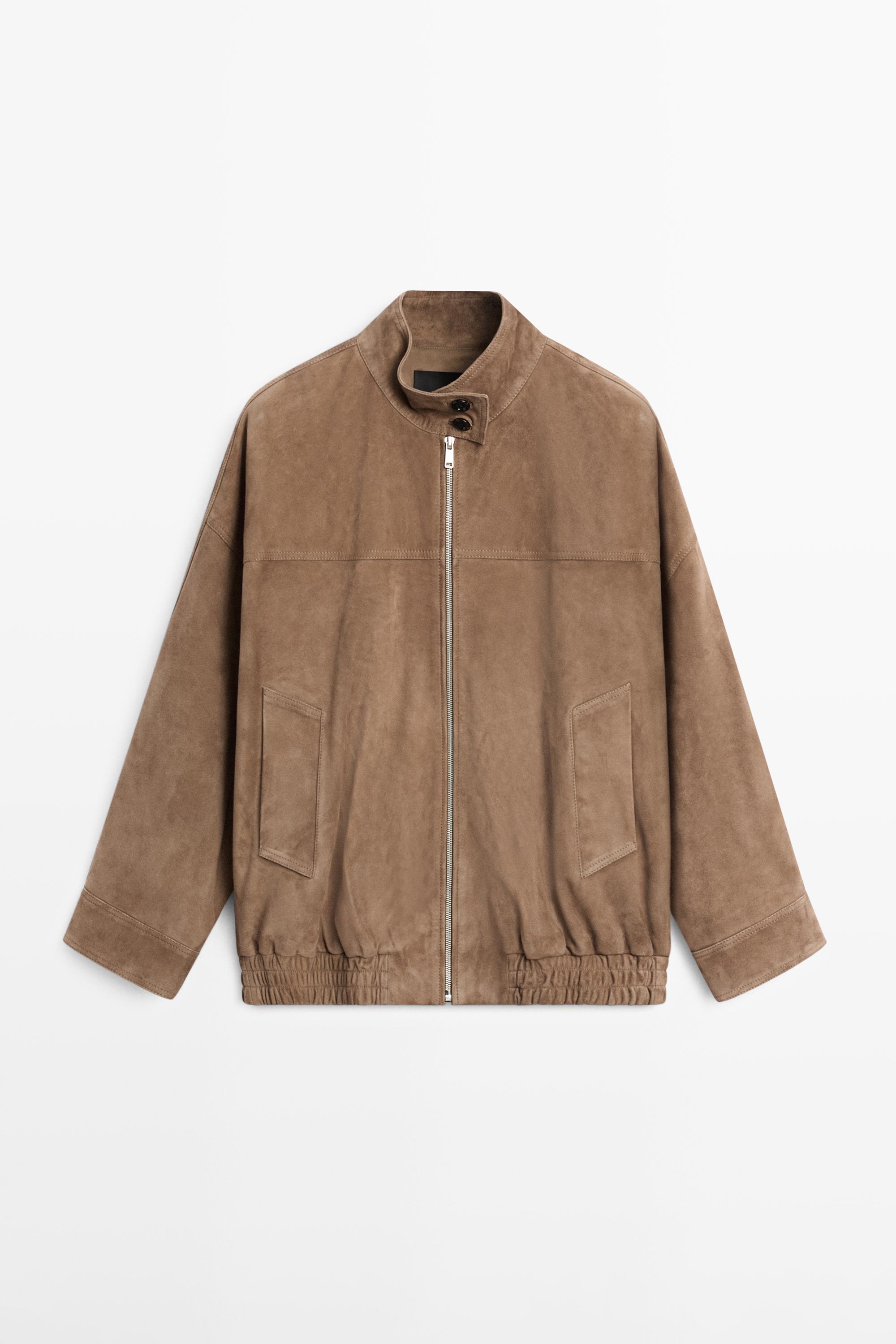 Blouson bomber en cuir et daim, détail écharpe