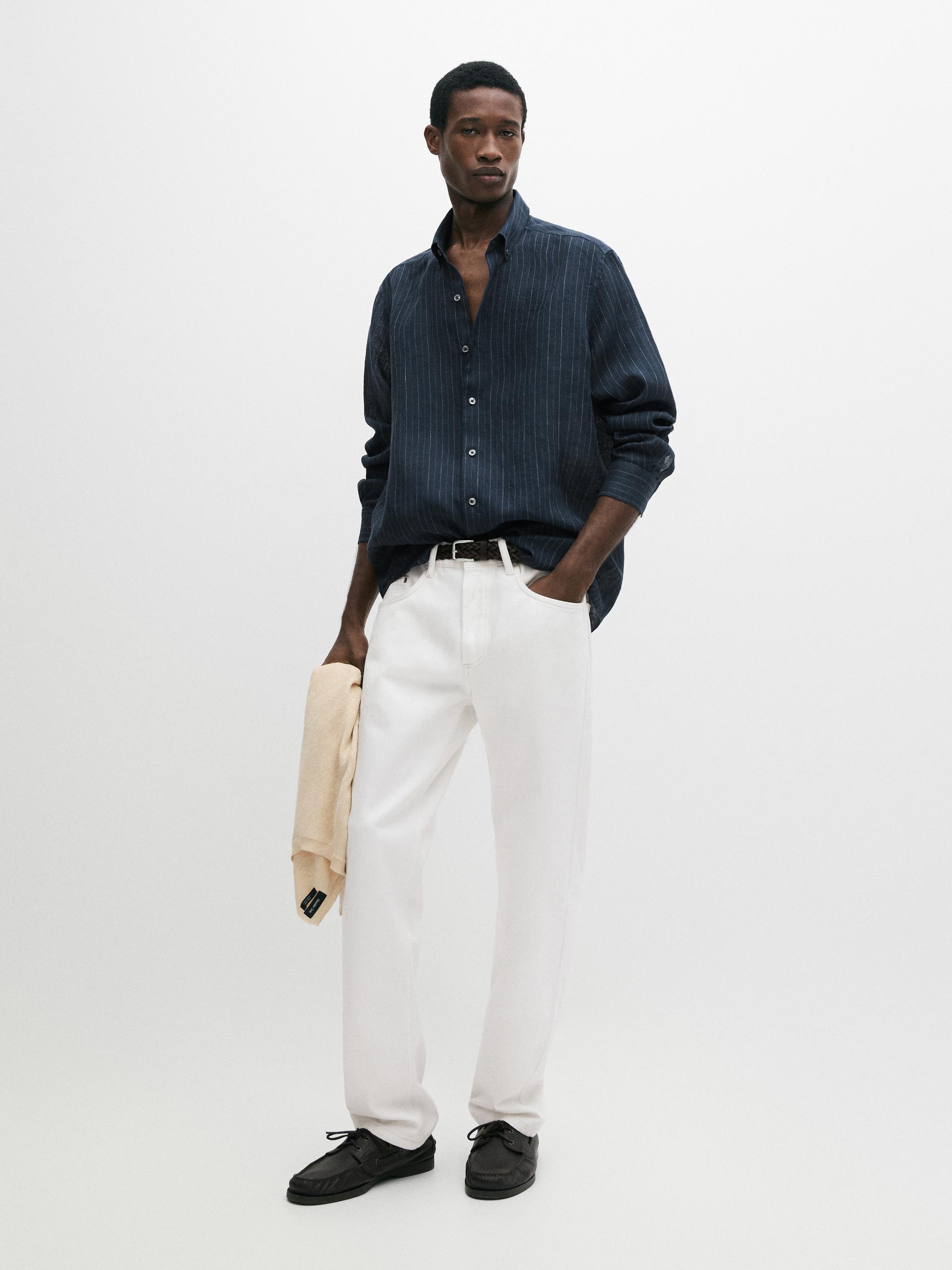 Koszula W Paski Ze 100% Lnu Z Kołnierzykiem Na Guziki - Granatowy - Xxl - Massimo Dutti - Mężczyzna