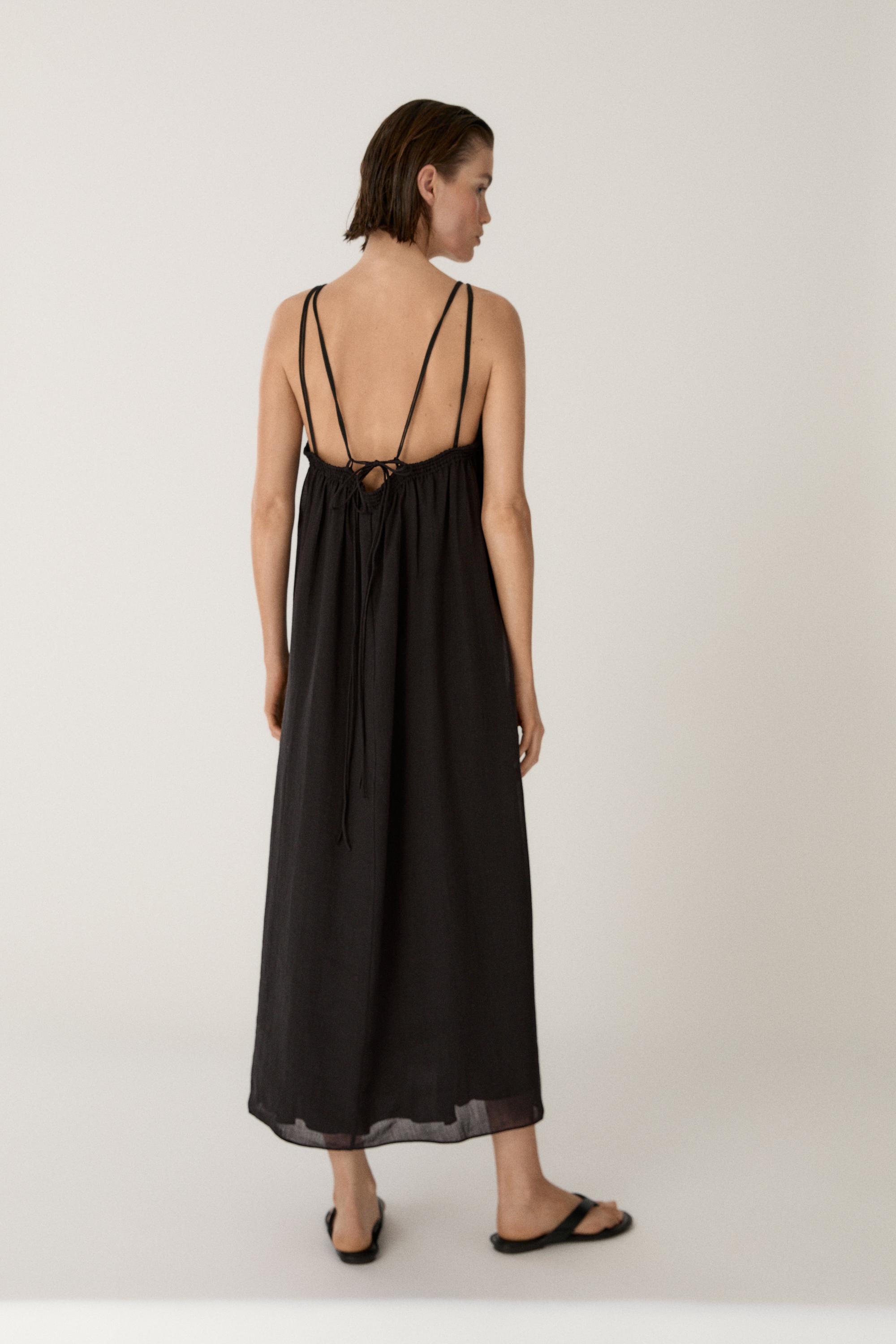 Ramie blend strappy midi dress — BLACK