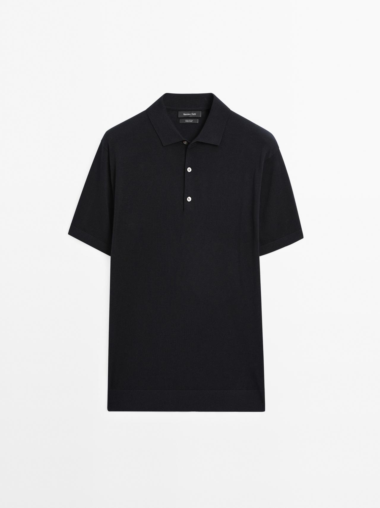 Massimo Dutti - Herre - Kortærmet Poloshirt I Strik - Marineblå - L