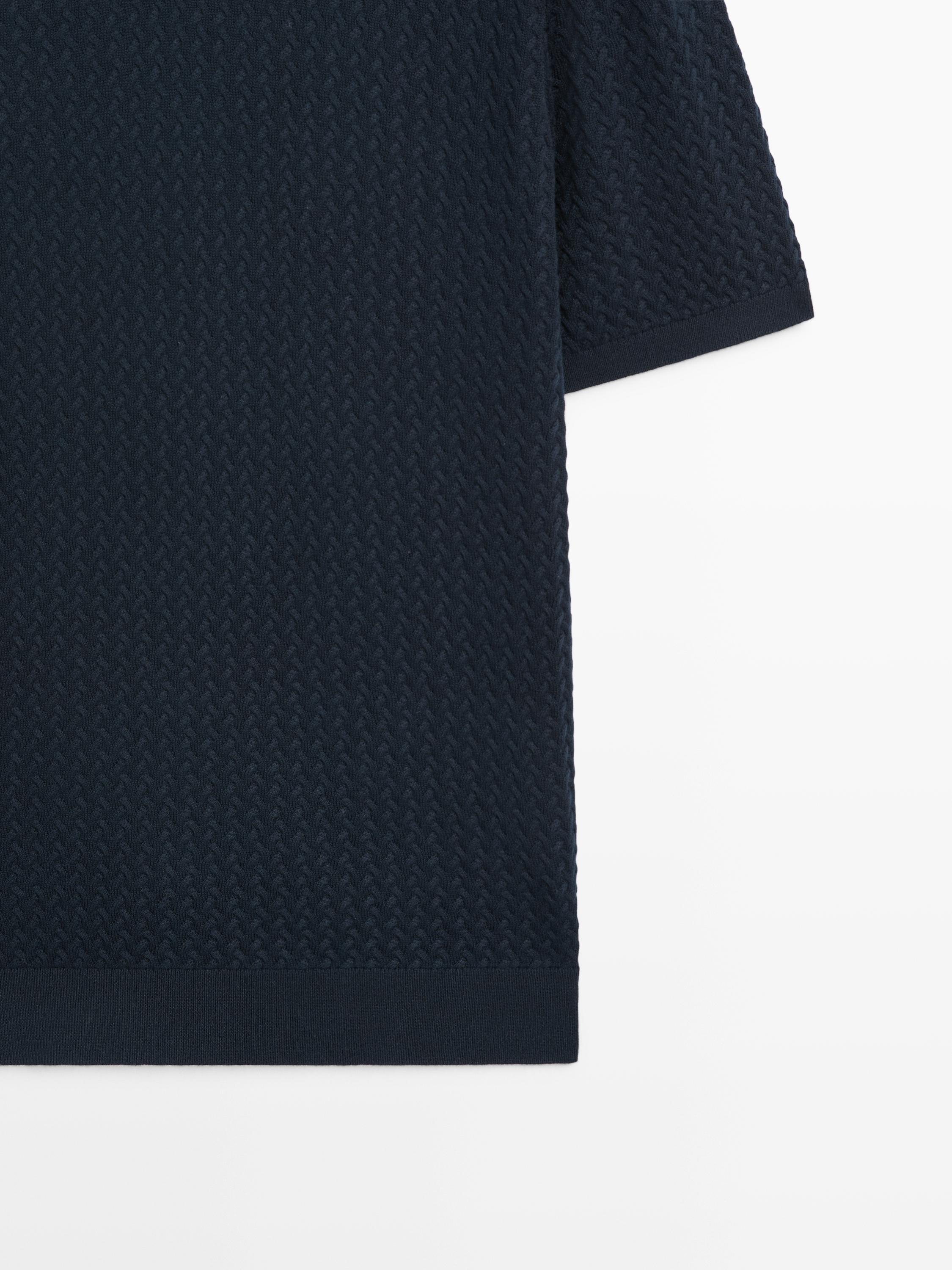 Cable-knit V-neck polo shirt — NAVY BLUE