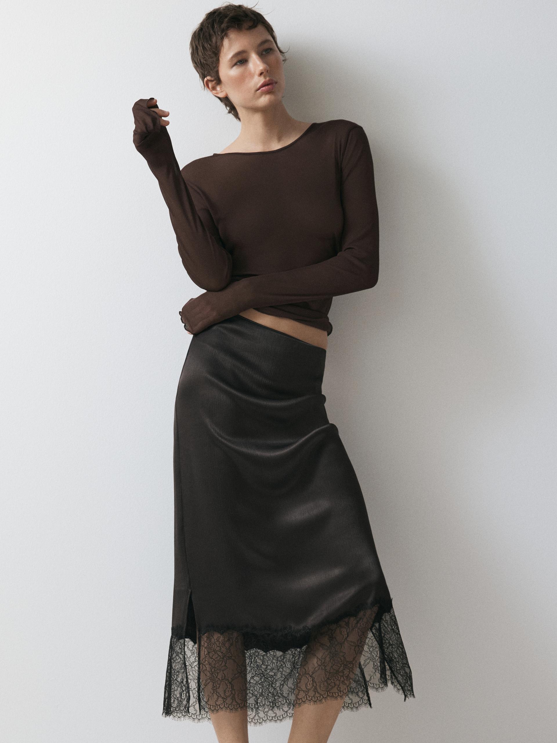 T-Shirt Manches Longues En Soie - Marron - Xs - Massimo Dutti - Femme