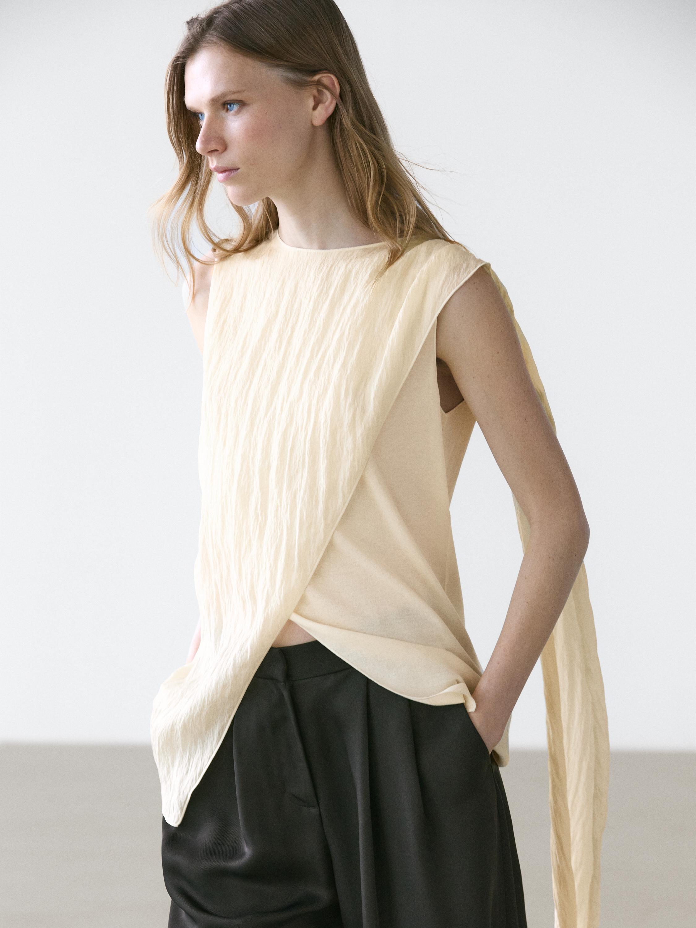 Crossover top with shoulder scarf detail — CREAM