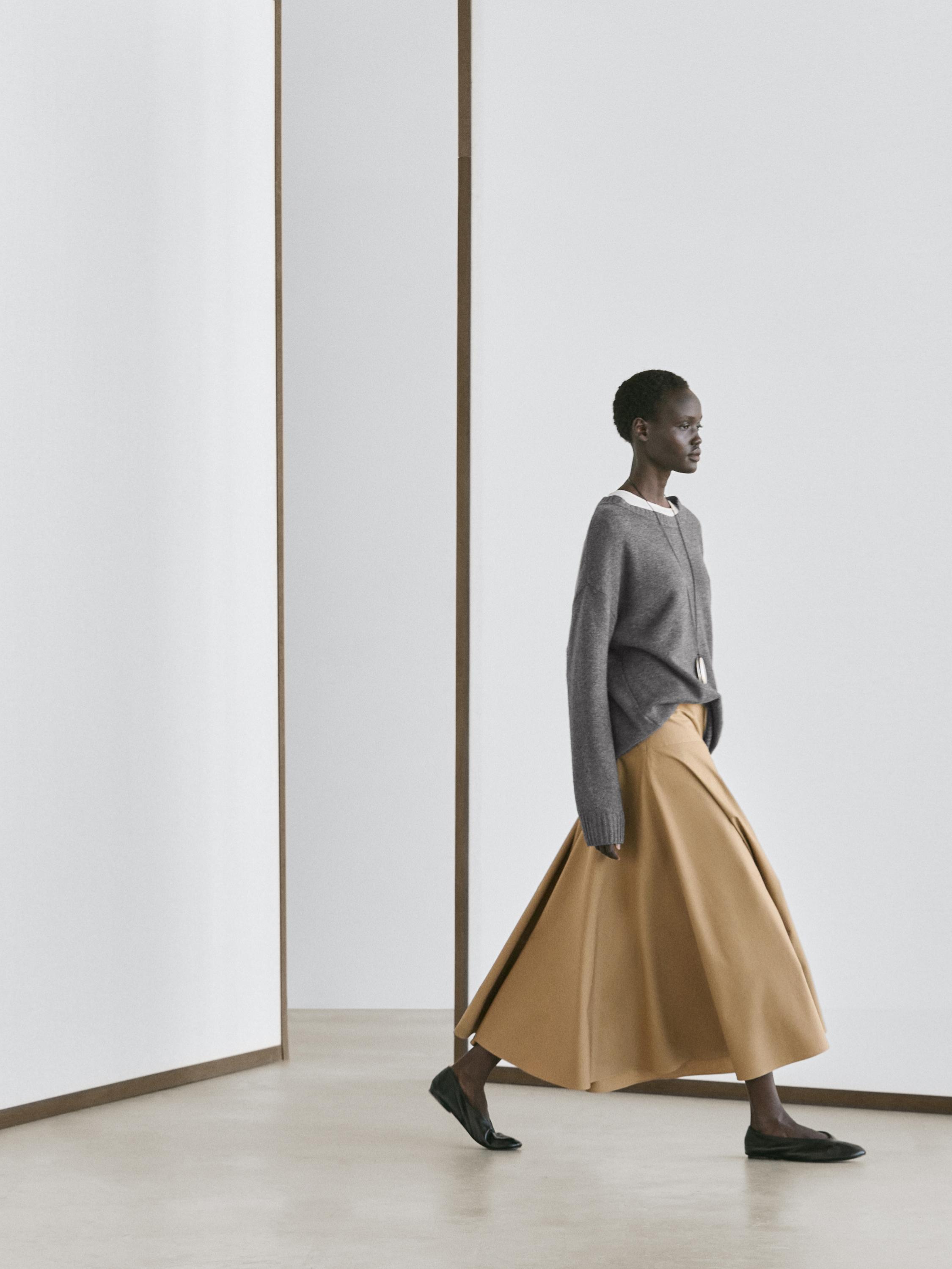 Flounce midi skirt with yoke detail — CAMEL