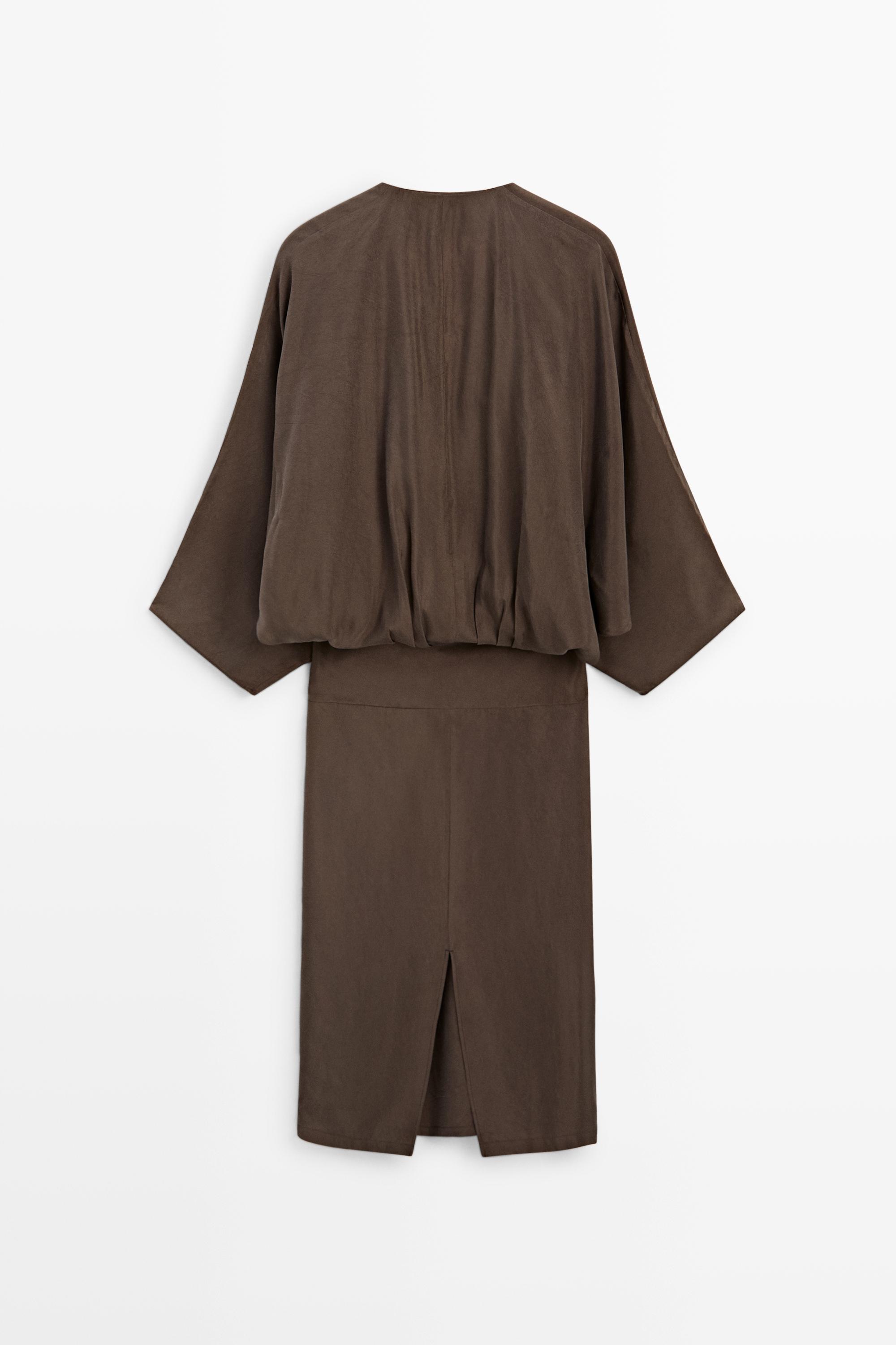 Fluid midi dress with gathered sash — Chocolate