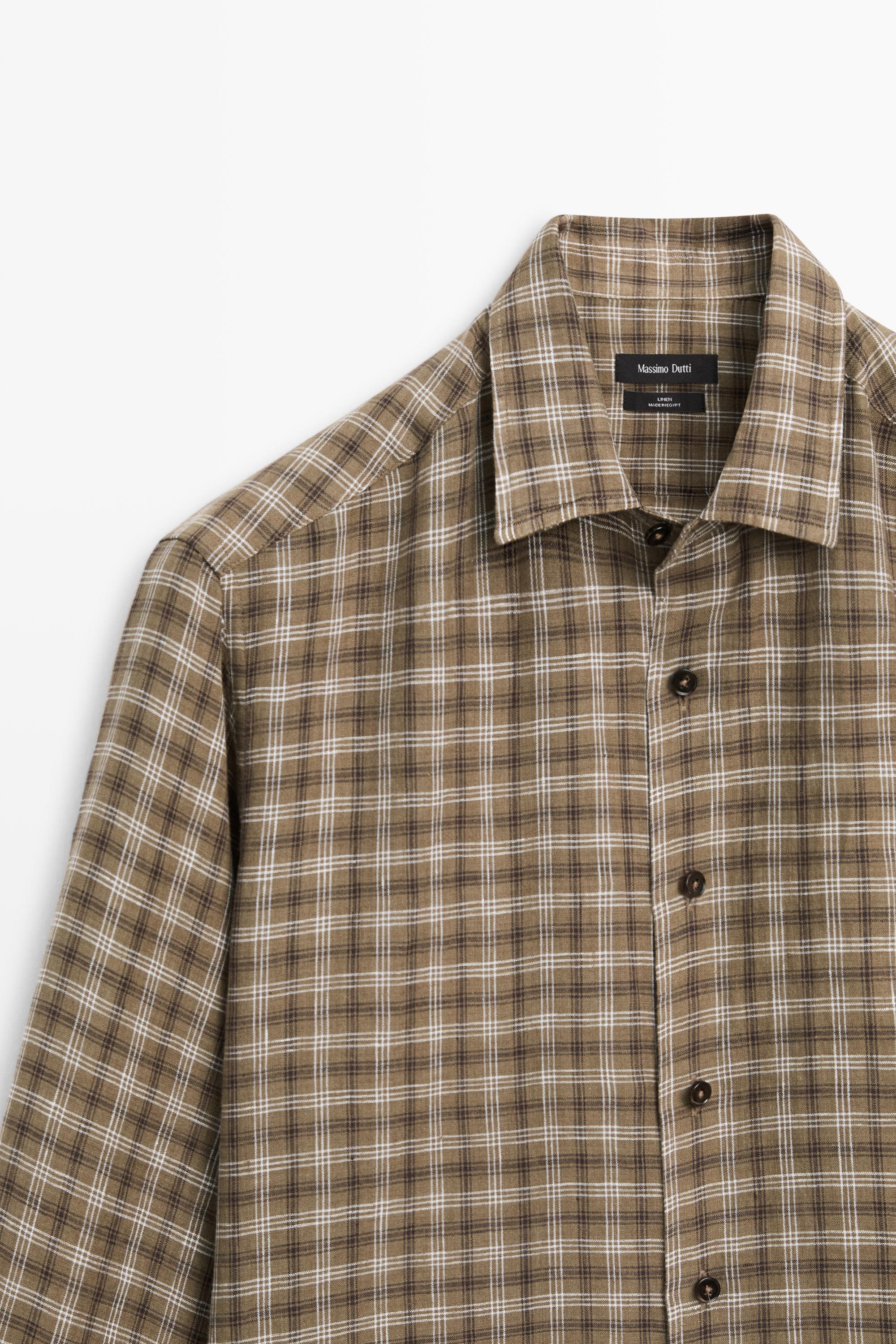 100% linen regular fit check shirt — BROWN MARL
