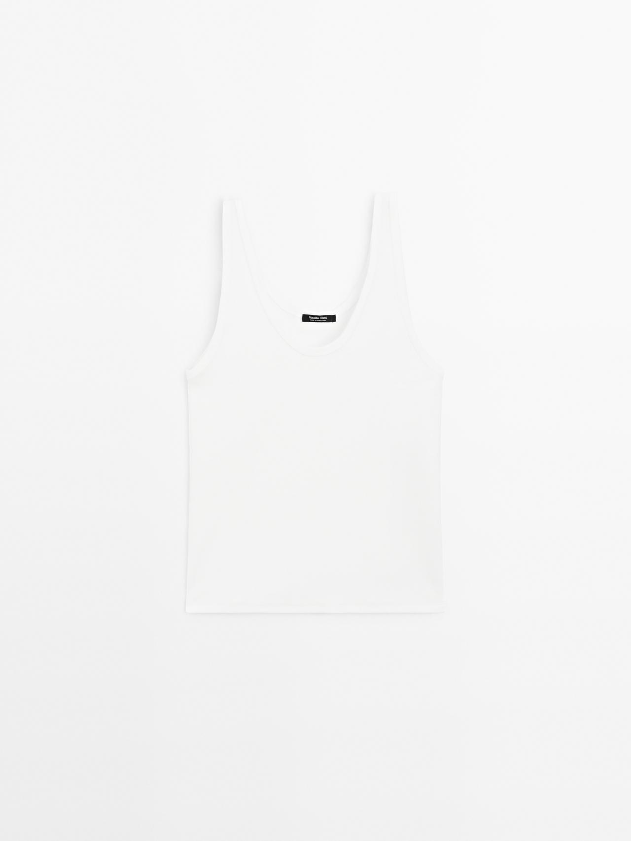 Massimo Dutti - Dame - Top I Rib Med Halsudskæring - Råhvid - L