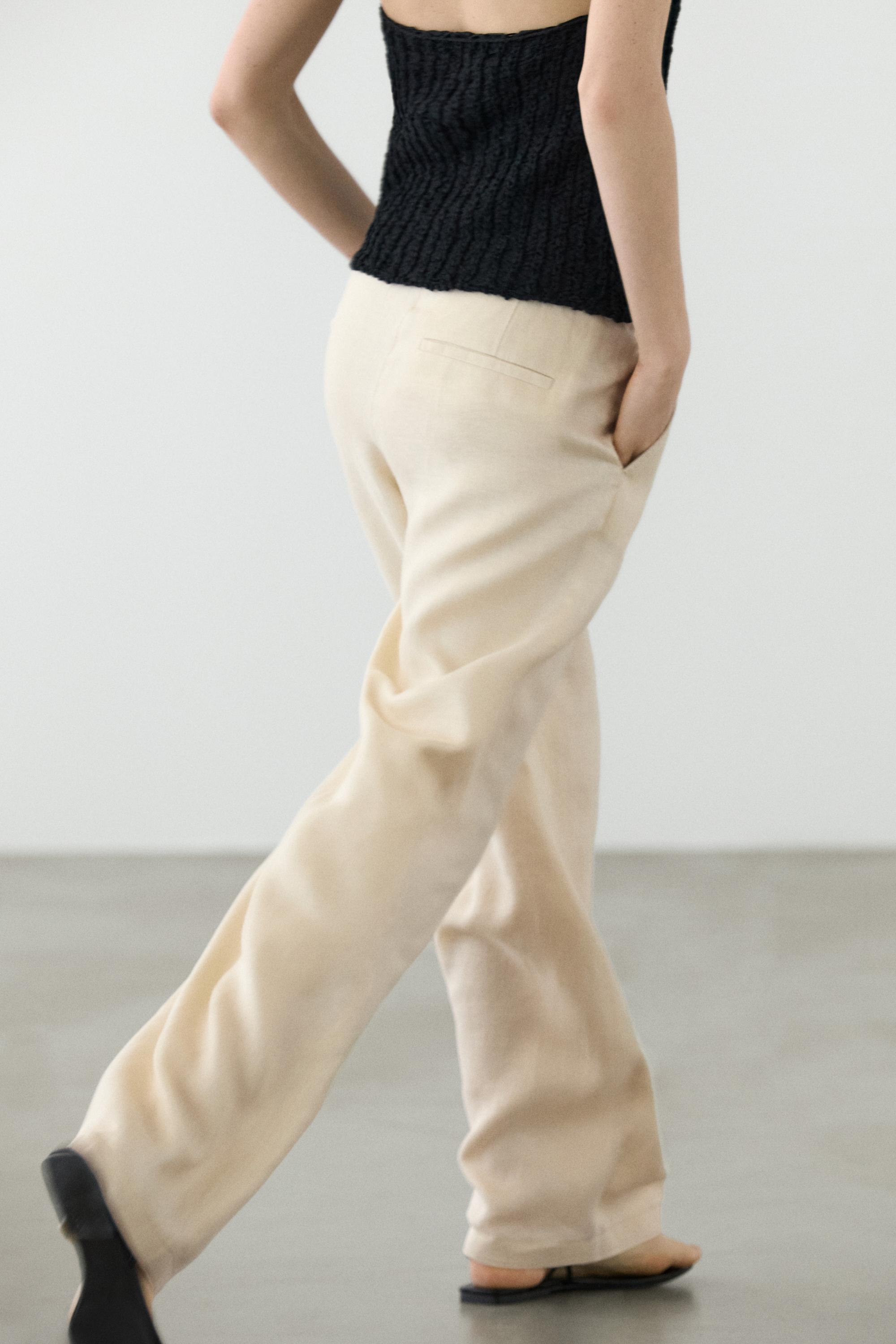 100% linen wide-leg elasticated trousers — SAND