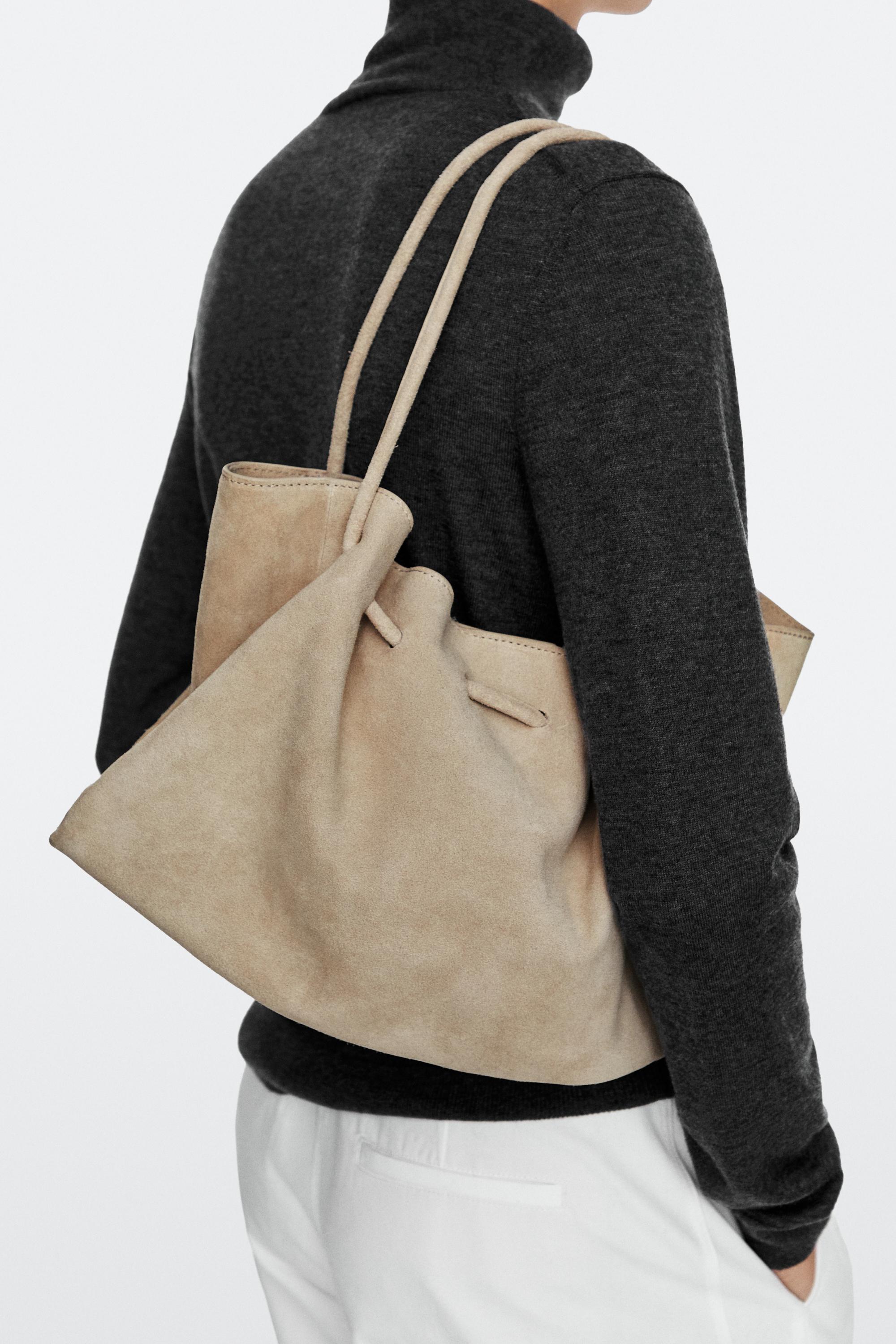 Ruched split suede leather bag — Ecru