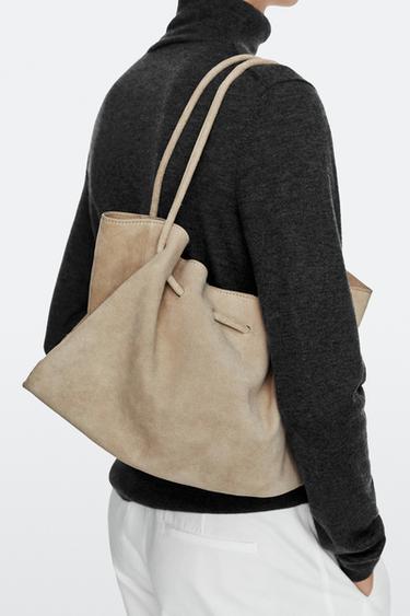 Medium gathered split suede leather bag — Ecru 5