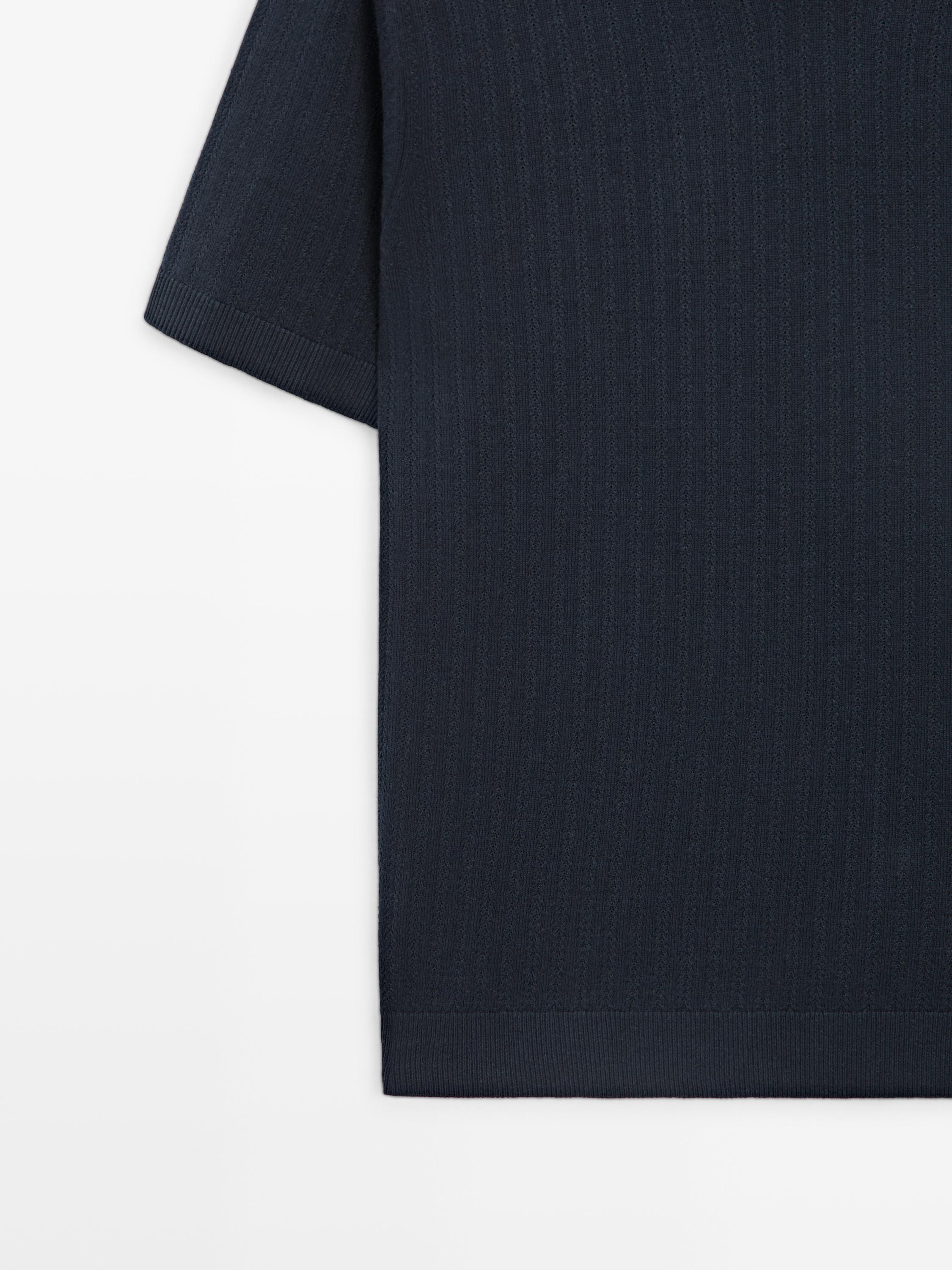 Knit polo sweater with cutwork detail — NAVY BLUE