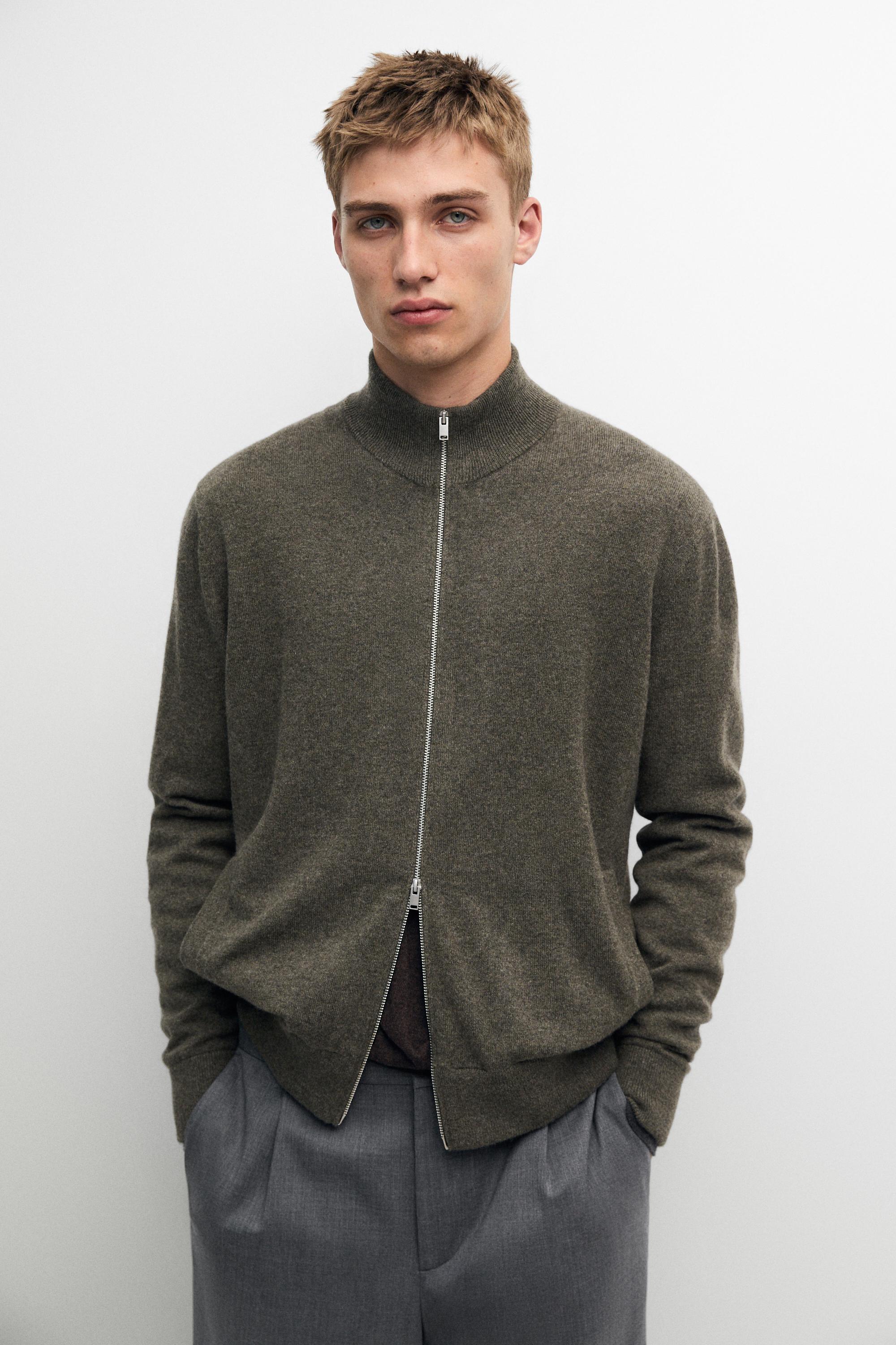 100% cashmere zip-up knit cardigan — GREENISH