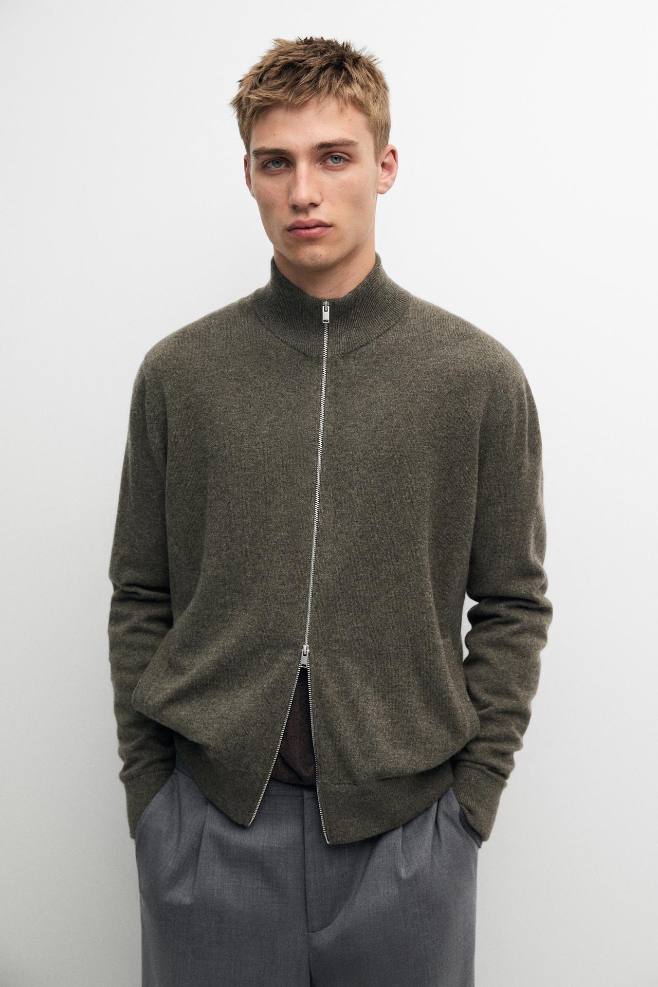 100% cashmere zip-up knit cardigan — GREENISH