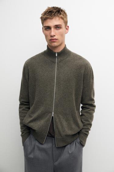 100% cashmere zip-up knit cardigan — GREENISH 3