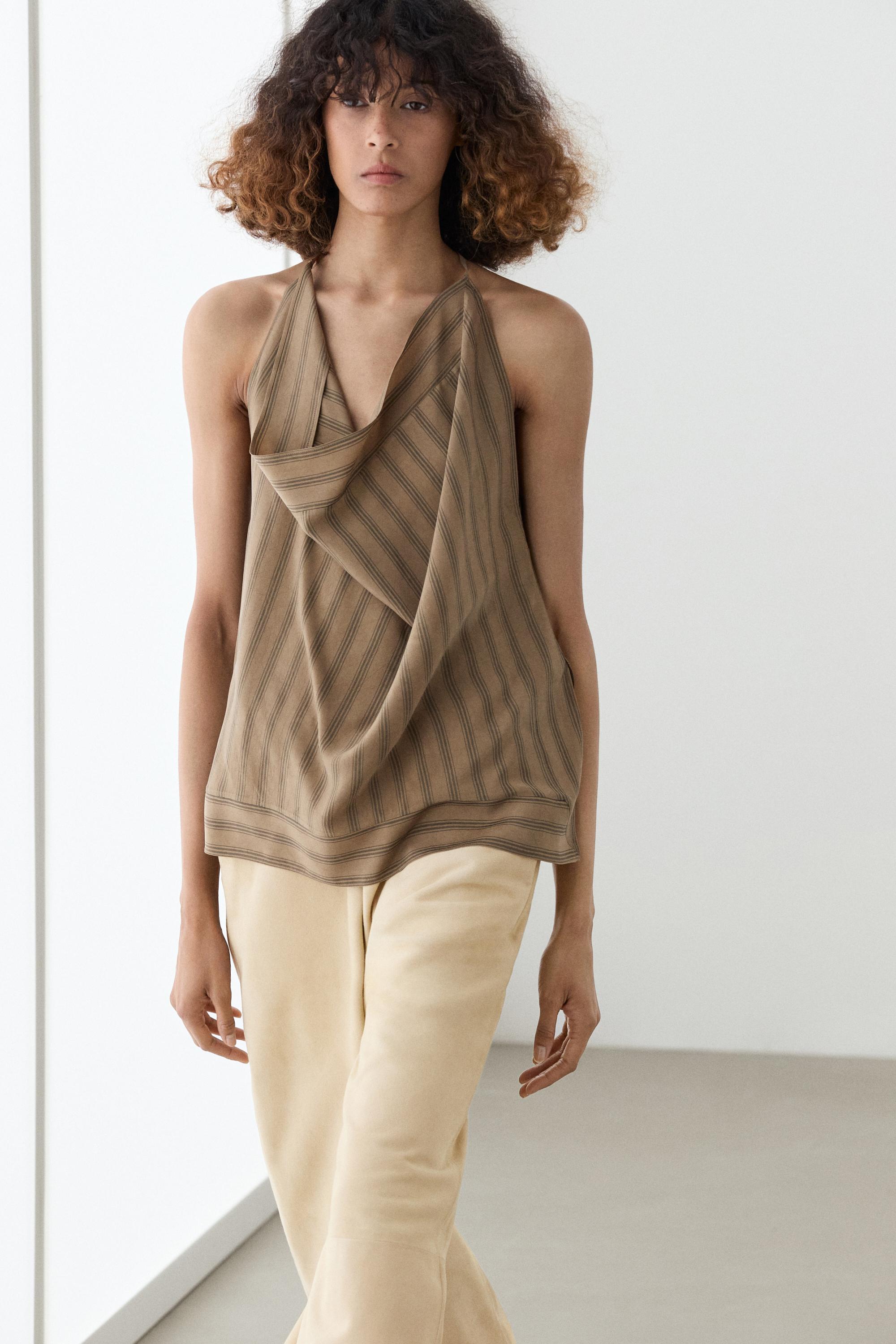 Striped top with cowl neckline — TAUPE GREY