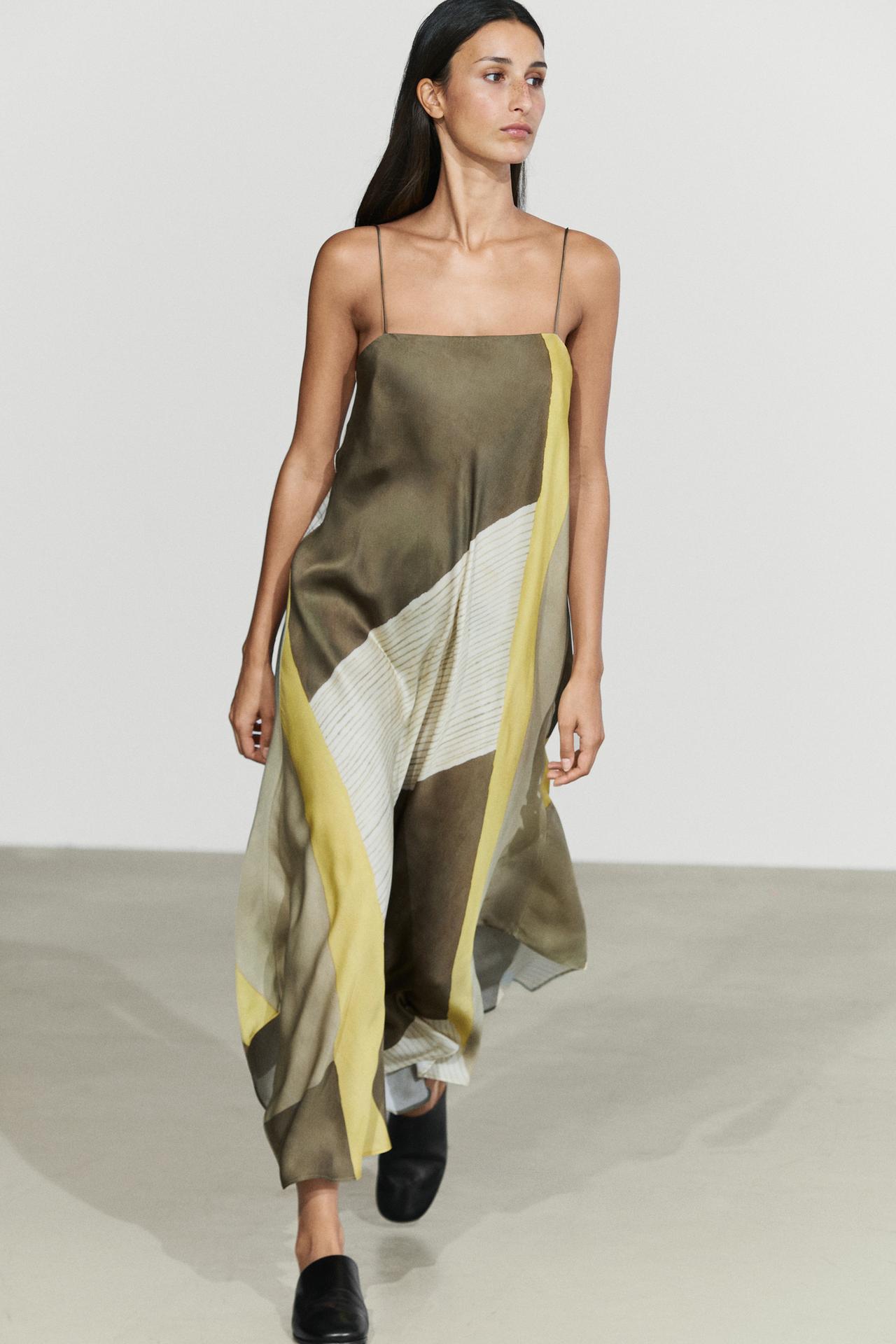Fluid midi dress with printed detail — TAUPE GREY