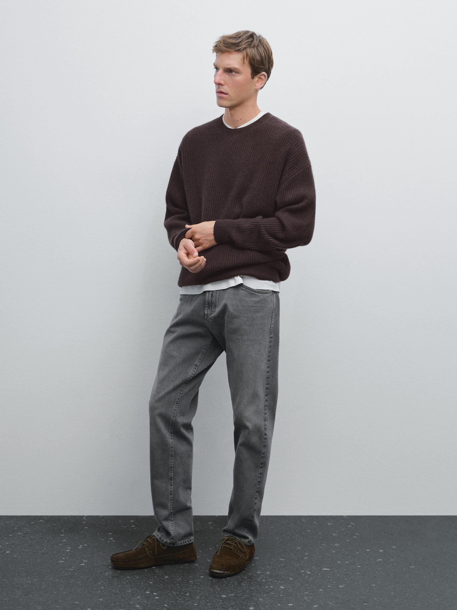 Pull En Maille Côtelée 100 % Cachemire - Grenat - L - Massimo Dutti - Homme
