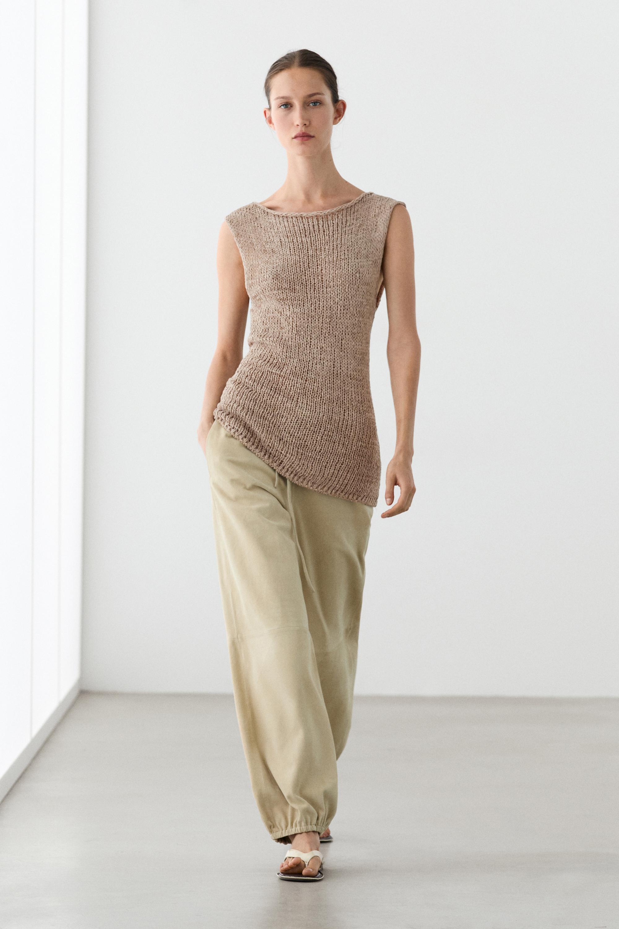 Knit cotton blend top — SAND