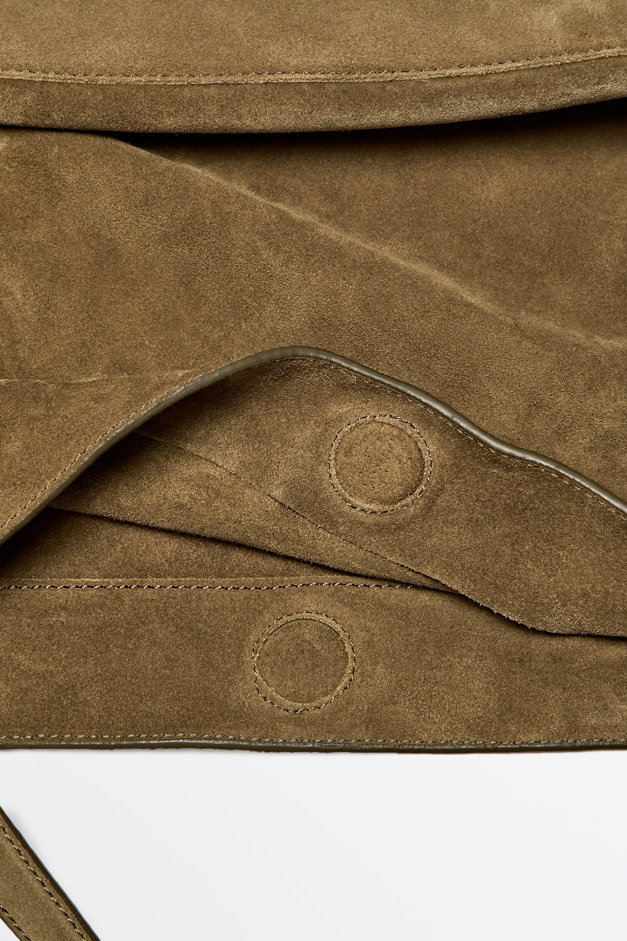 Distressed split suede leather bucket bag — KHAKI GREEN