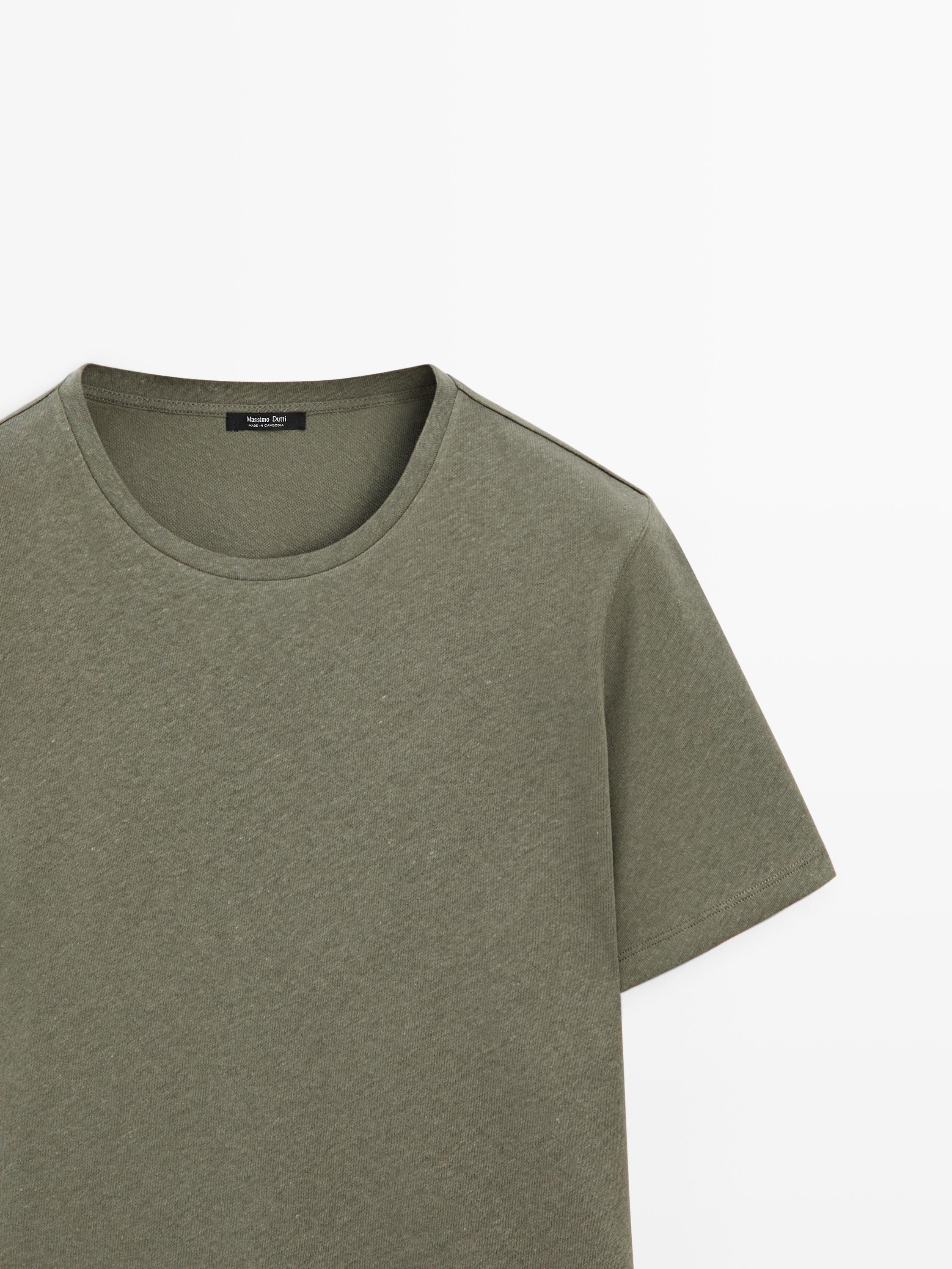 Short sleeve linen and cotton T-shirt — PALE KHAKI