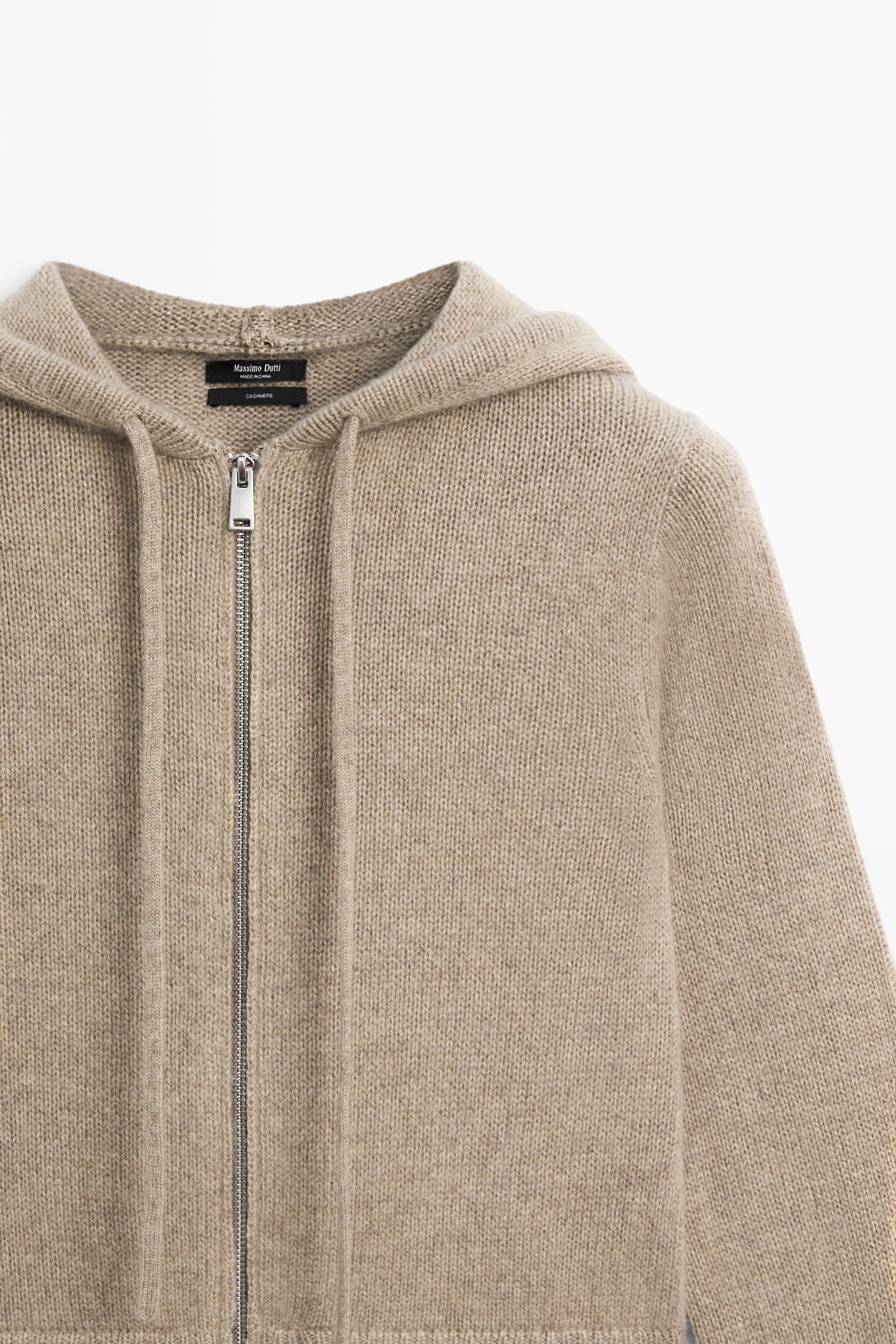 100% cashmere hooded zip-up cardigan — BEIGE
