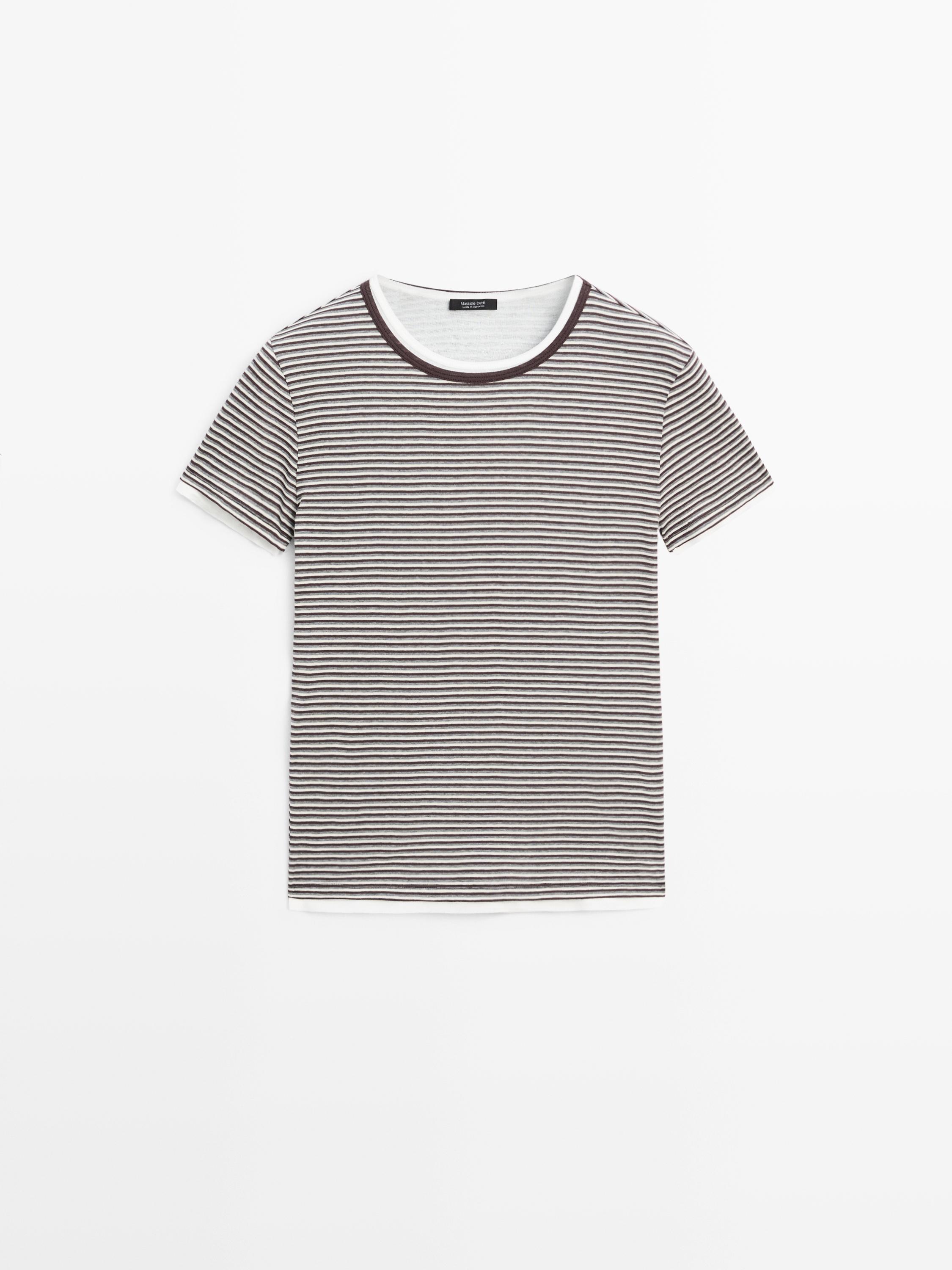 Striped double-layer T-shirt with short sleeves — BROWN