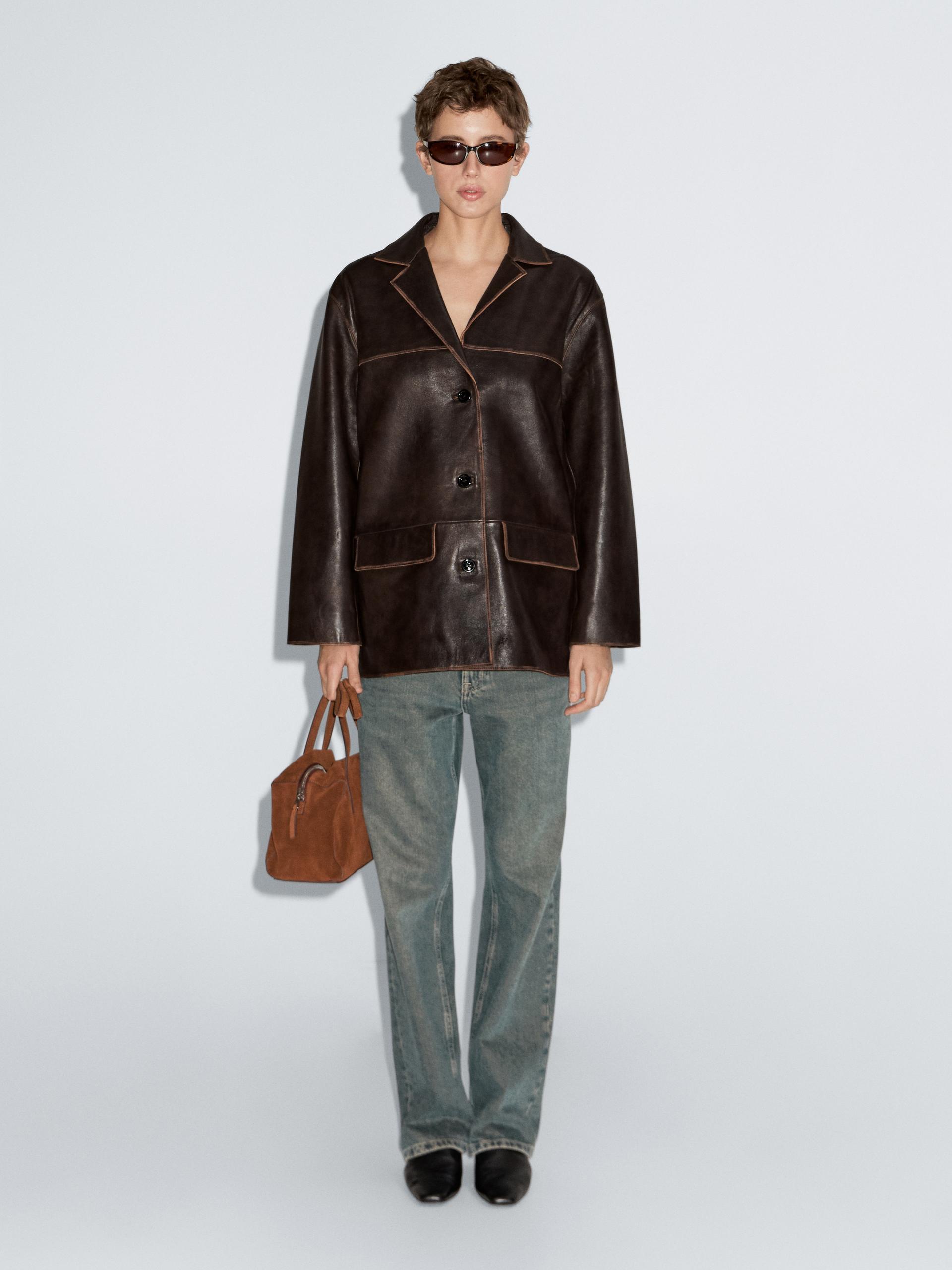 Casaco Midi Em Pele Napa - Castanho - S - Massimo Dutti - Mulher