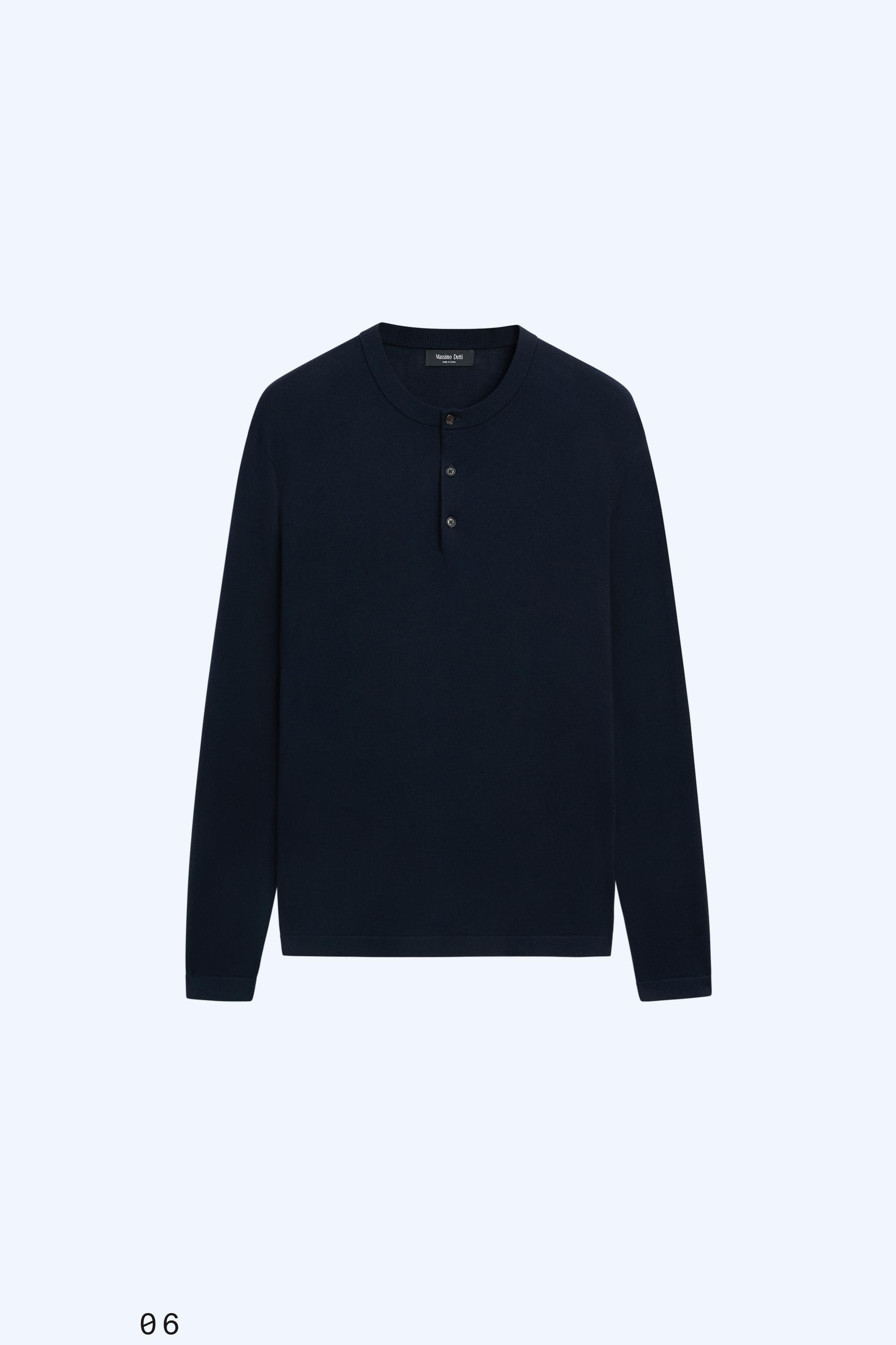 100% Cotton Henley Neck Knit Sweater — NAVY BLUE