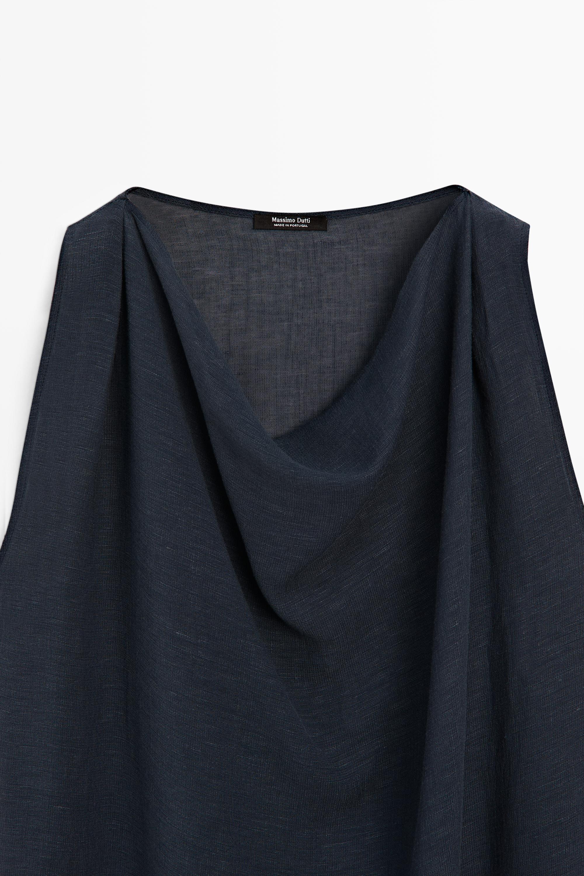 Massimo Dutti Asymmetric Linen Blend Top In Blue
