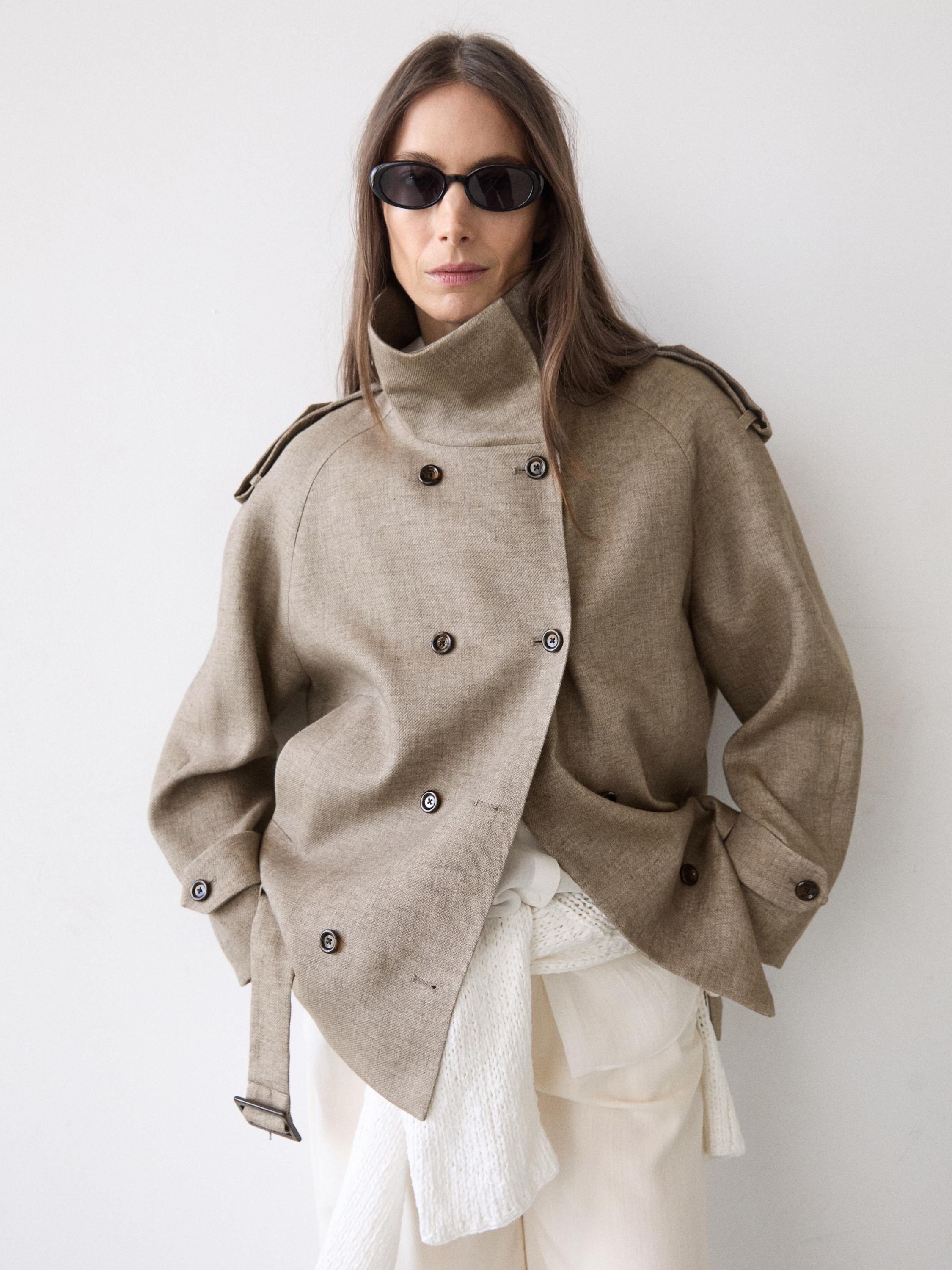 Linen melange high neck trench coat — TAUPE GREY