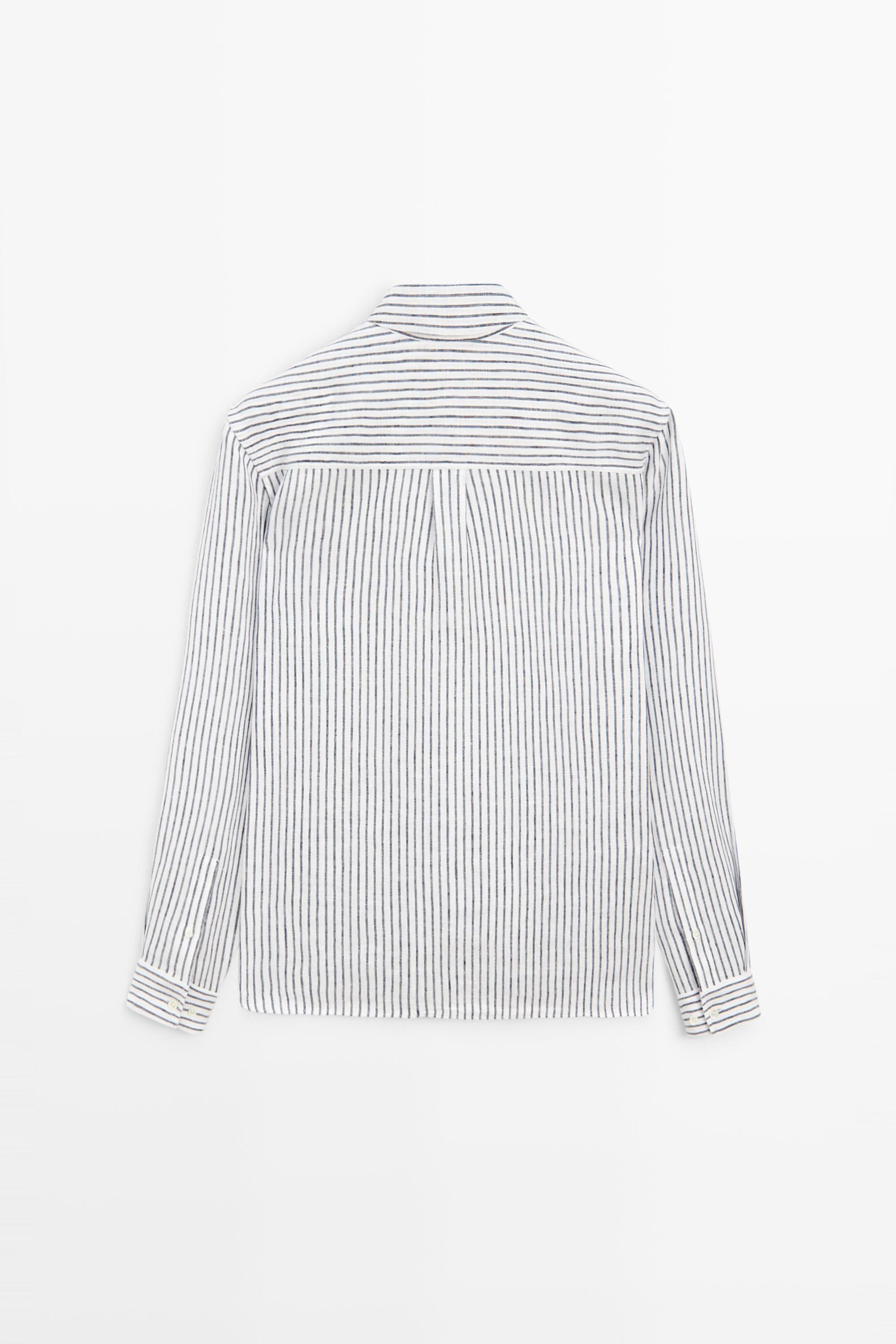 Regular fit 100% linen striped shirt — NAVY BLUE