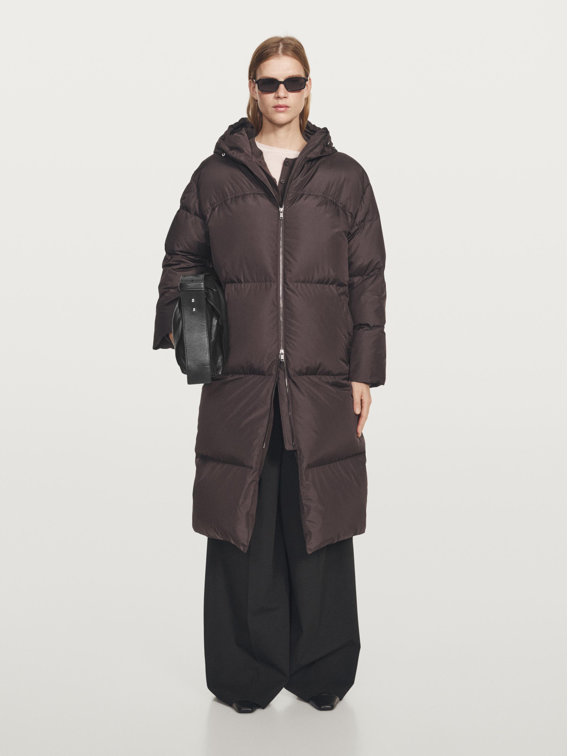Long water-repellent hooded puffer jacket